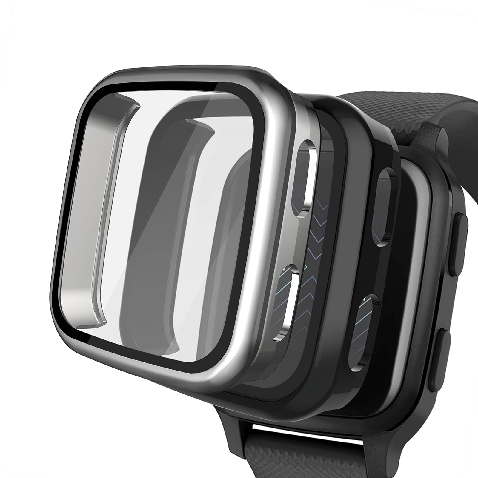 2パックケース Garmin Venu Sq スクリーンプロテクター 9H強化ガラス内蔵 NAHAI ハードポリカーボネートカバーバンパー 傷防止シェル Garmin Venu Sq Musicスマートウォッチ用 ブラック/シルバー|WES STORE