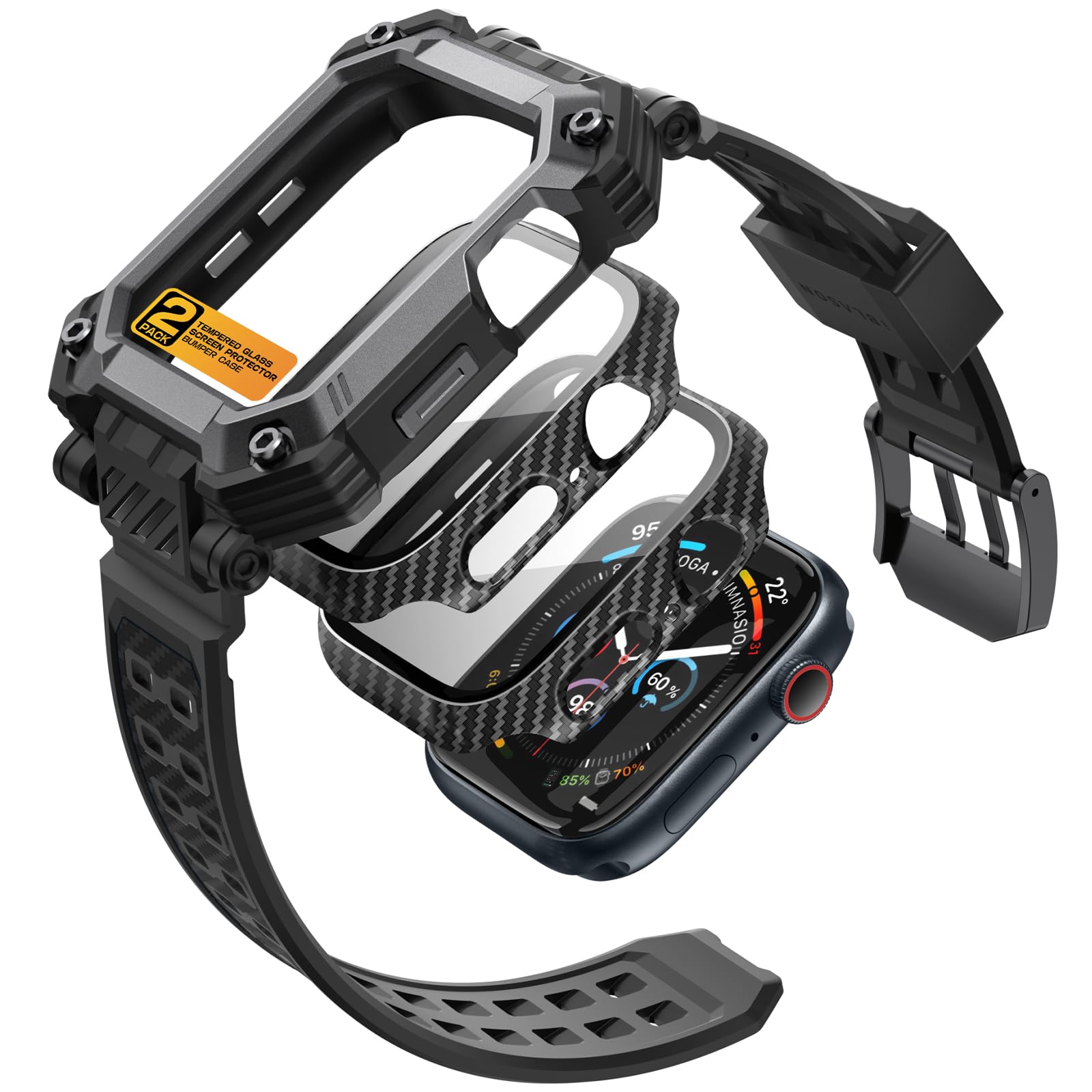i-Blason Apple Watch Series 10 46mm 2024 保護カバー 交換用バンド 全面保護 ２枚保護フィルム付き 衝撃吸収 バンドとケース一体 頑丈 時計バンド ブラック Armroboxシリーズ