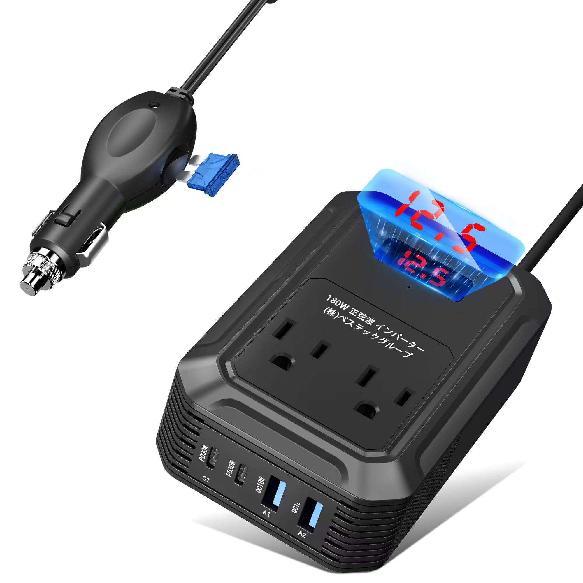 BESTEK インバーター 180W 正弦波 「業界初売り」 シガーソケット 12v 100v コンセント 急速給電 車載用 USB カーインバーター USB-C PD 30W/ USB-A QC 18W 合計4ポート コンバーター 車アクセサリー カー