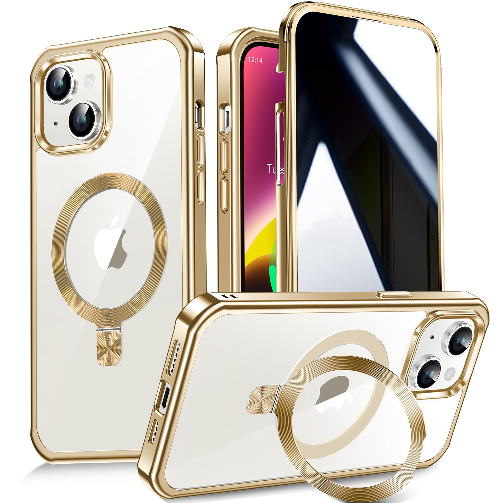 【多機能隠しスタンド・Magsafe対応・覗き見防止】WTAIYUN iPhone 14 用 ケース 全面保護 CDリング 縦横両対応 ワイヤレス充電 対応 米軍MIL規格 耐衝撃 高感度タッチ 両面 いphone14 カバー スト ラッ