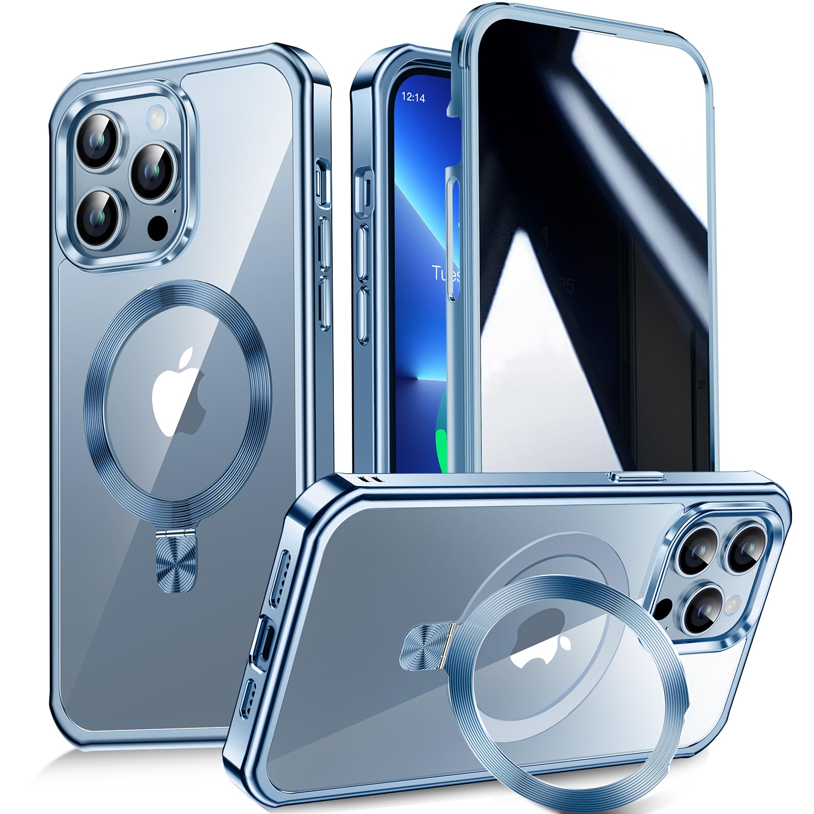 【多機能隠しスタンド・Magsafe対応・覗き見防止】WTAIYUN iPhone 13 Pro 用 ケース 全面保護 CDリング 縦横両対応 ワイヤレス充電対応 米軍MIL規格 耐衝撃 高感度タッチ 両面 いphone13プロ カバー ス