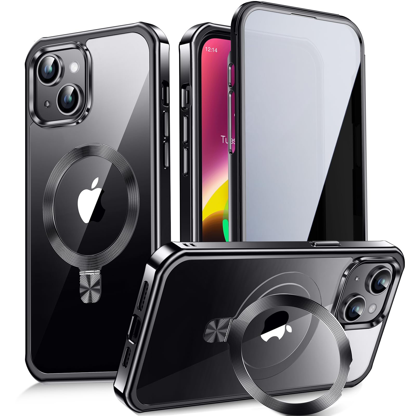 【多機能隠しスタンド・Magsafe対応・覗き見防止】WTAIYUN iPhone 14 用 ケース 全面保護 CDリング 縦横両対応 ワイヤレス充電対応 米軍MIL規格 耐衝撃 高感度タッチ 両面 いphone14 カバー スト ラッ