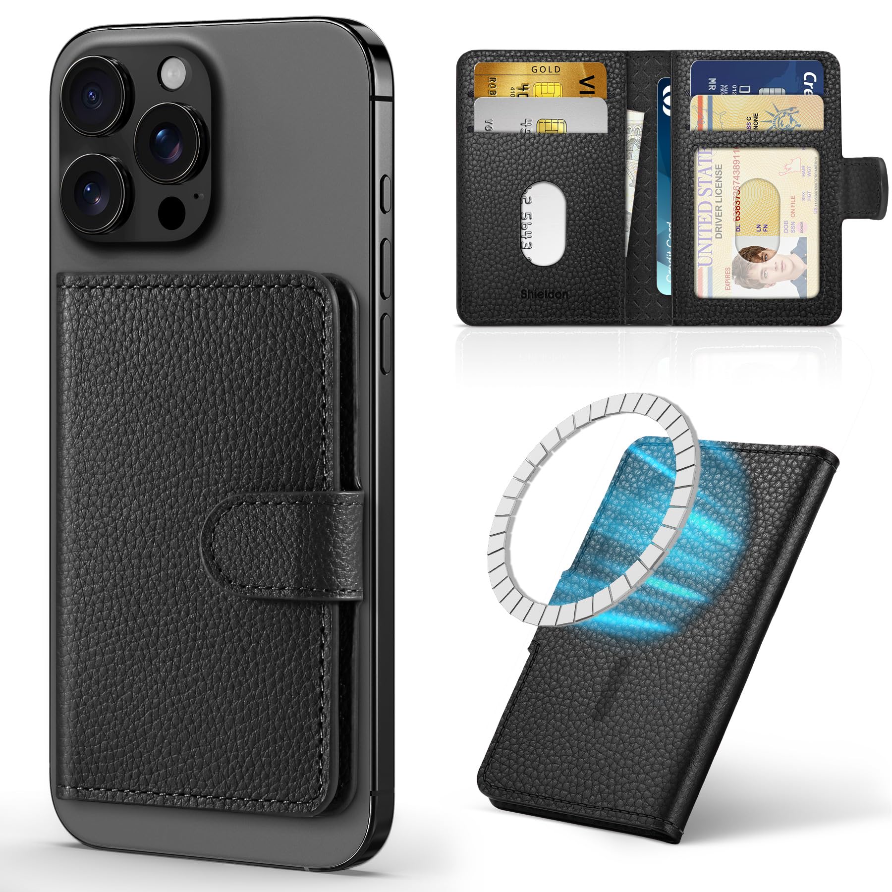 SHIELDON スマホカードケース 本革レザー 6枚カード収納 磁力吸着 [RFIDブロッキング] 磁力ケースとiPhone16/16Plus/16Pro/16Pro Max/iPhone15/15Plus/15Pro/15Pro MaxとiPhone14/13/12シリーズ対応 ライチブラック