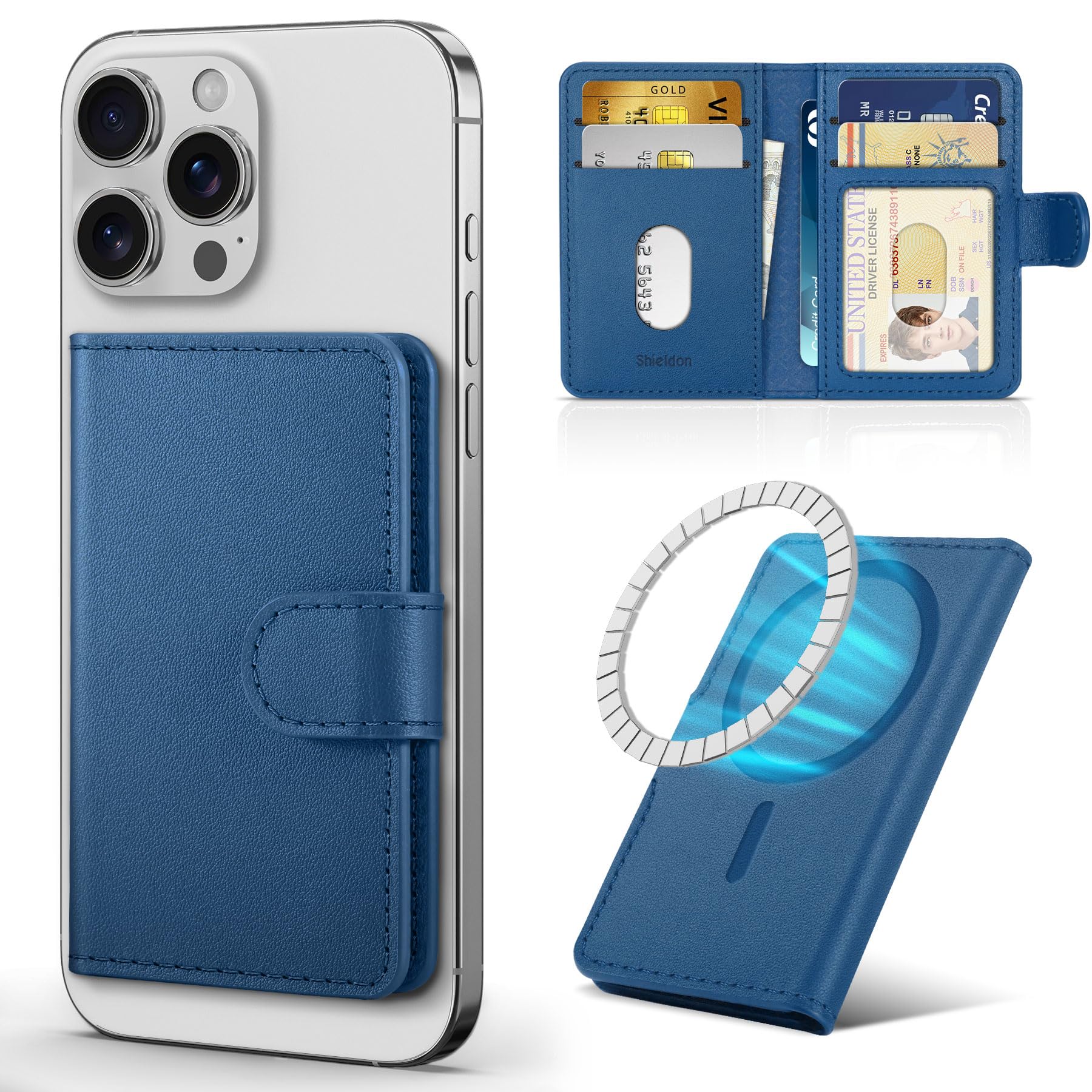 [SHIELDON] スマホカードケース 本革レザー 6枚カード収納 磁力吸着 [RFIDブロッキング] 磁力ケースとiPhone16/16Plus/16Pro/16Pro Max/iPhone15/15Plus/15Pro/15Pro MaxとiPhone14/13/12シリーズ対応 ロイヤルブルー