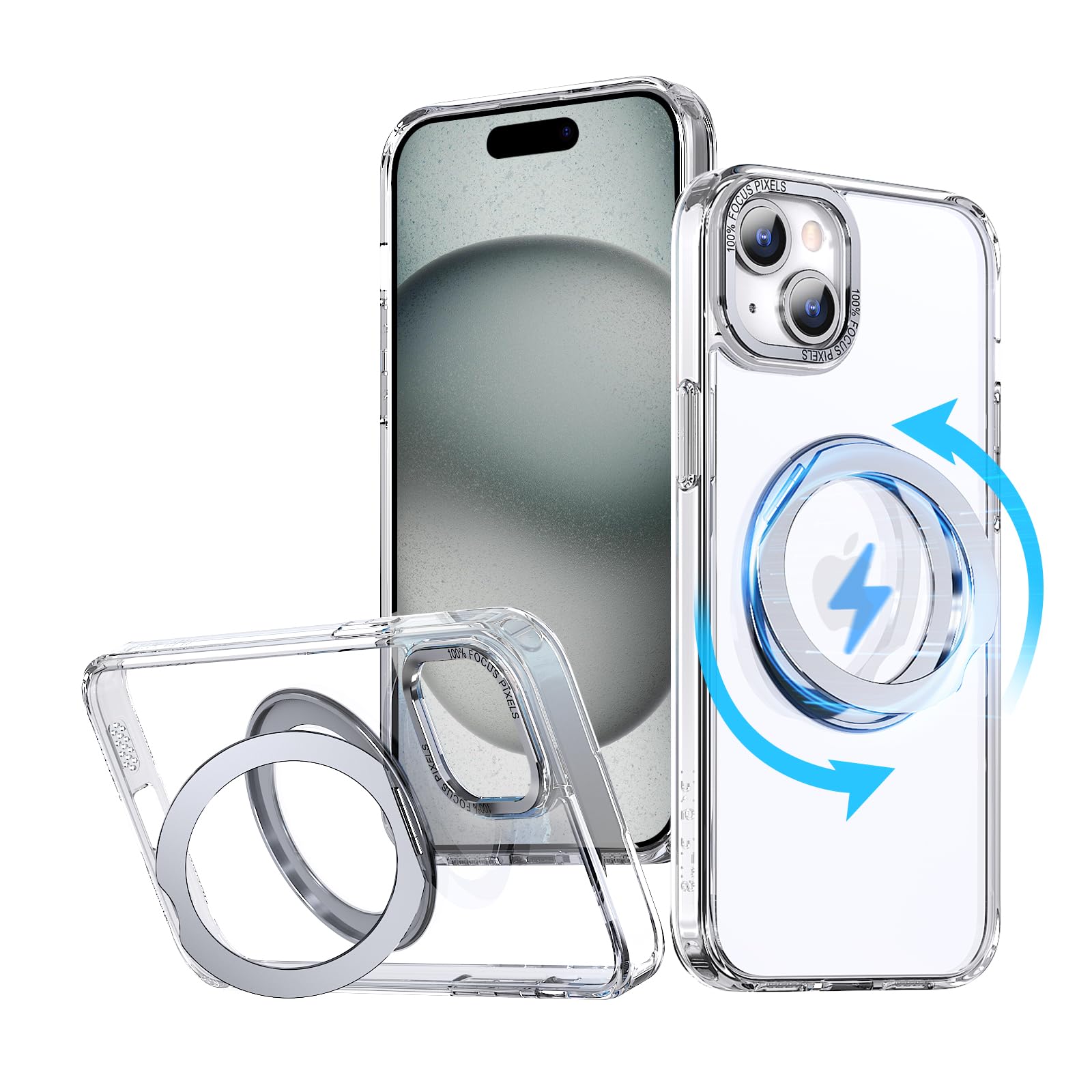 KWATUNG ケース iphone15用ケース magsafe対応 ワイヤレス充電 iphone15 用 ケース 耐衝撃 iphone 15 用 ケース 360°回転スタンド 縦横両対応 スマホケース iphone 15 用 マグセーフ リング マグネット搭載