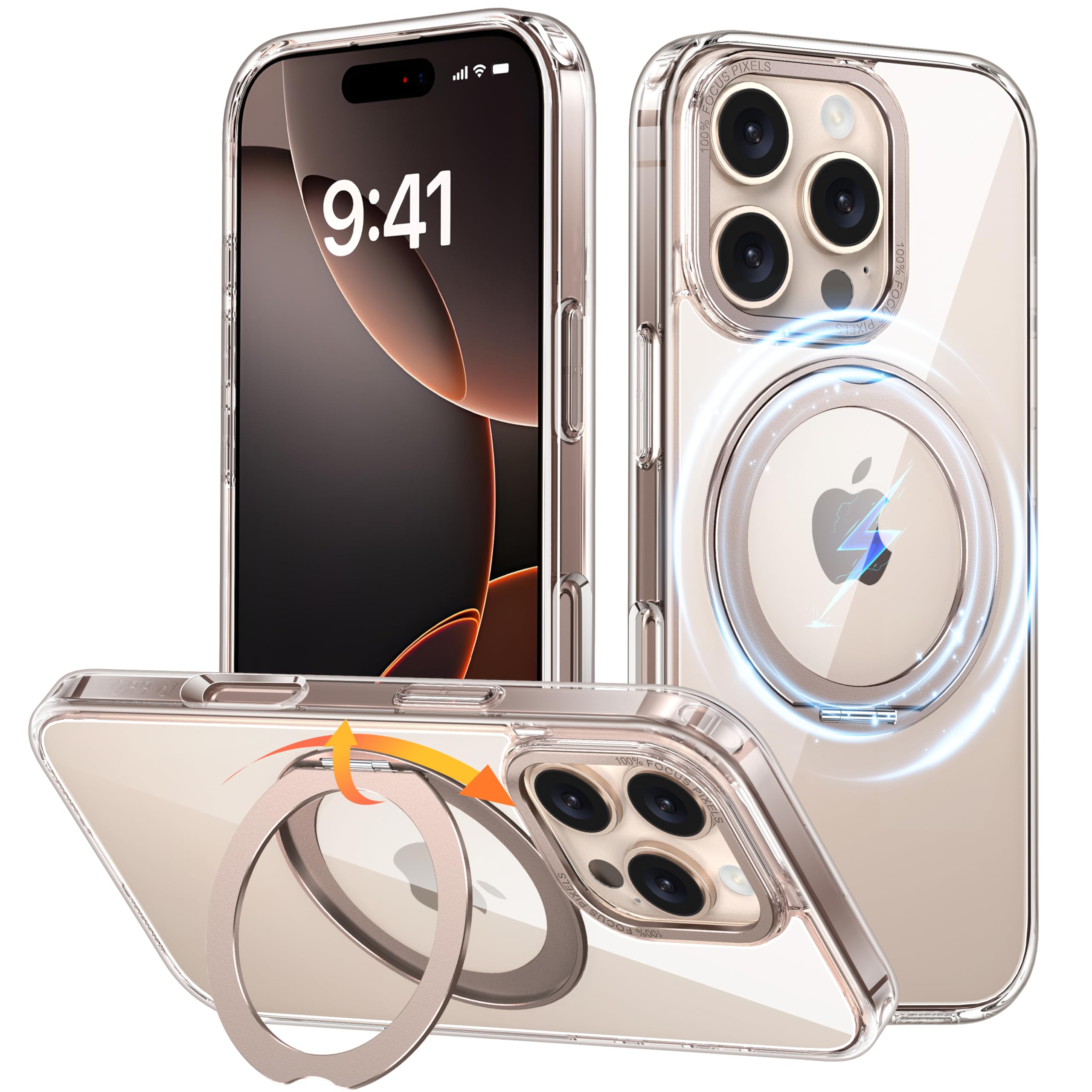 iPhone 16 Pro 用 容れもの Magsafe相応う 無線電話申し受ける 360°回転させる照明ランプ 縦横両相応う Gunwon スマホケース iphone16 Pro 用 米軍標準尺度 耐衝撃 半澄み切った 引っ敷き感 マグセーフ 防指紋 輪っか 磁石積み上げる ア