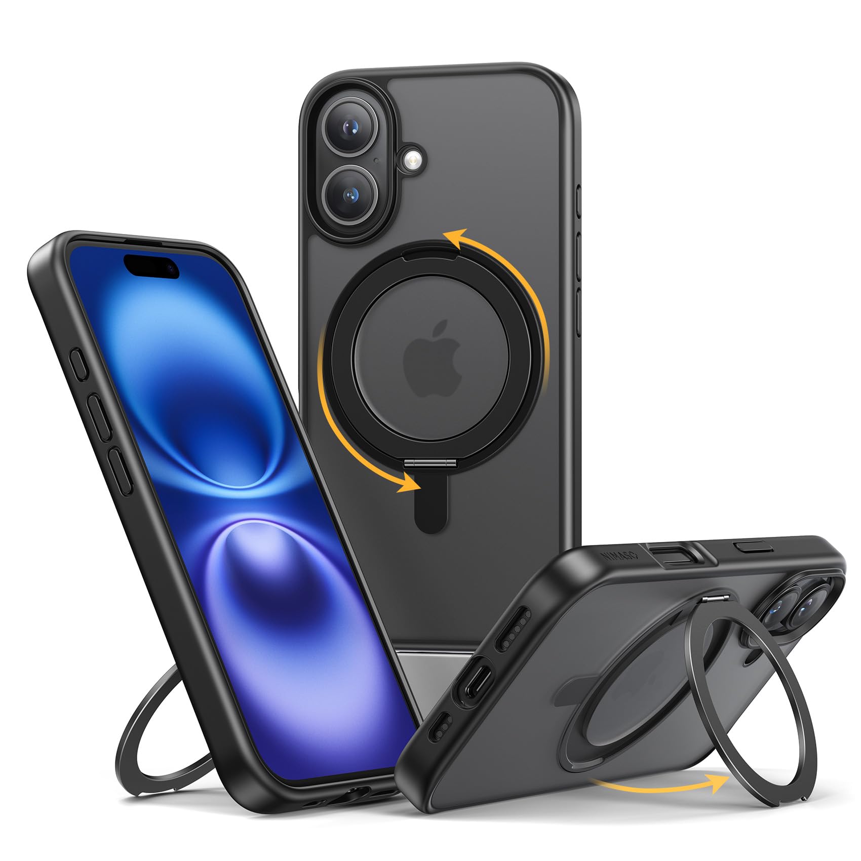 NIMASO iPhone 16 用 ケース 縦横両対応 360°回転スタンドケース MagSafe対応 携帯スマホケース リングマグネット搭載 カバー いPhone16対応 ワイヤレス充電対応 マット感 防指紋 米軍MIL規格 耐衝撃