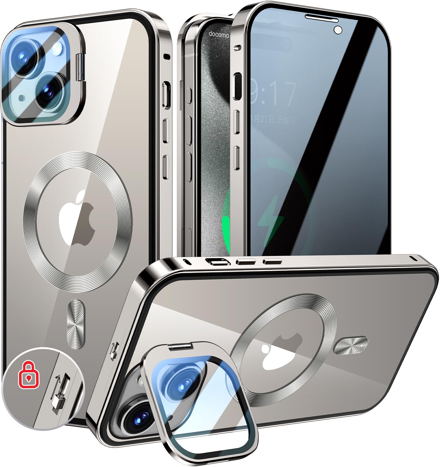 KELLCASE【カメラレンズ保護・スタンド+覗き見防止+MagSafe対応 】iPhone 15 用 ケース 全面保護 隠しスタンド付き ロック付き 両面 マグネット式 アイフォン 15 カバー ストラップホール付き透明