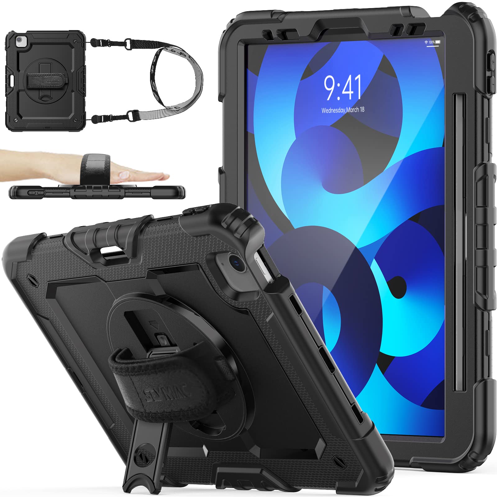 SEYMAC stock iPad Air 5/iPad Air 4/iPad Pro 11ケース 耐衝撃 保護フィルム付き ペン収納 360°回転スタンド ハンドストラップ ショルダーストラップ 全面保護カバー（ブラック）