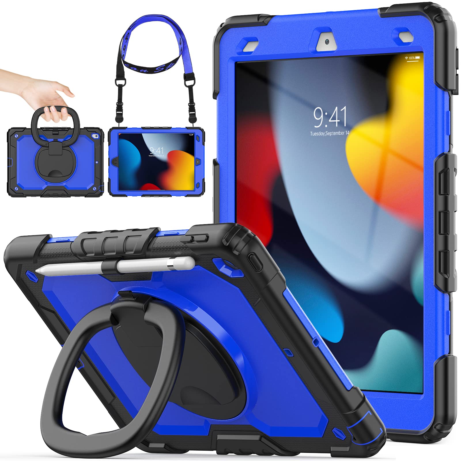 SEYMAC stock iPad入れもの 第9/8/7時人 輪っか手持ち部分耐衝撃入れもの 10.2in専用 書き込み納める ストラップ 写真フィルム付き添い人一こま (青色+黒いこと)