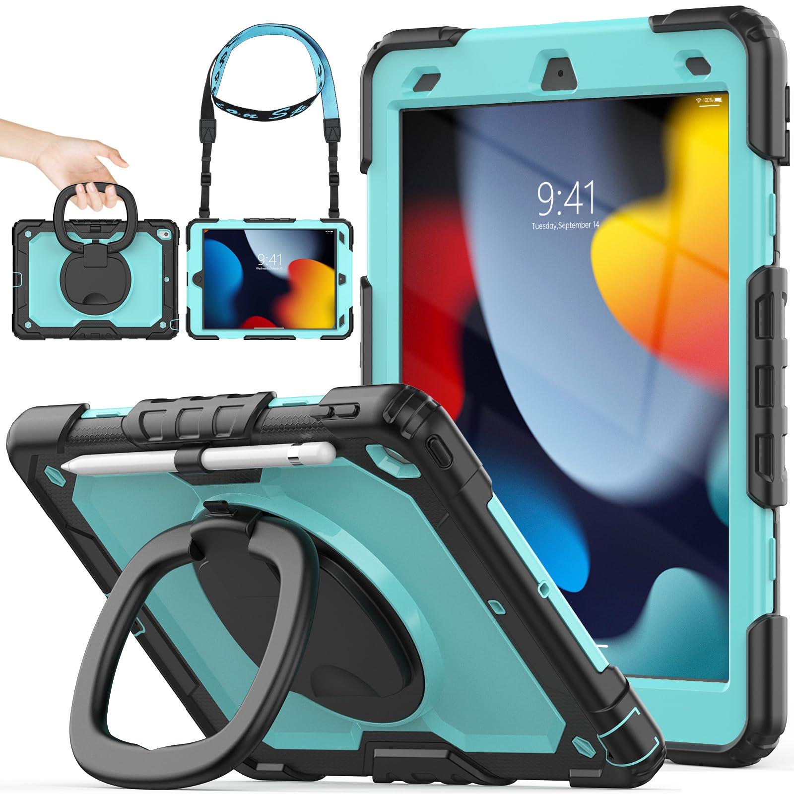SEYMAC stock iPad入れもの 第9/8/7時人 輪っか手持ち部分耐衝撃入れもの 10.2in専用 書き込み納める ストラップ 写真フィルム付き添い人一こま（点火装置青色+黒いこと）