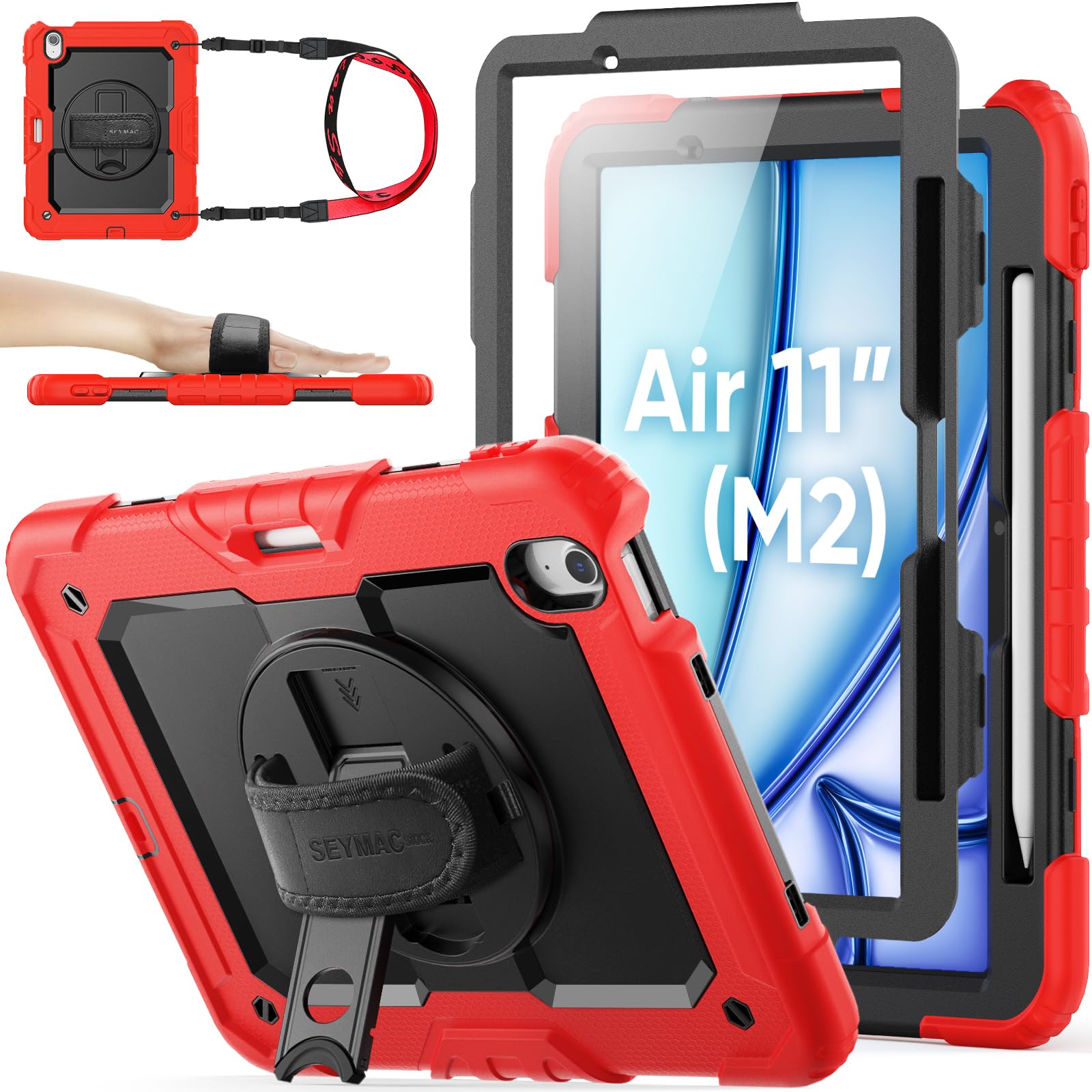 SEYMAC stock 2024年 11iniPad Air(M2)耐衝撃入れもの 保護すること写真フィルム付き添い人 書き込み納める 360°回転させる照明ランプ ハンドストラップ ストラップ 全面保護すること押しかぶせる iPad Air 11 2024専用型（赤いこと）