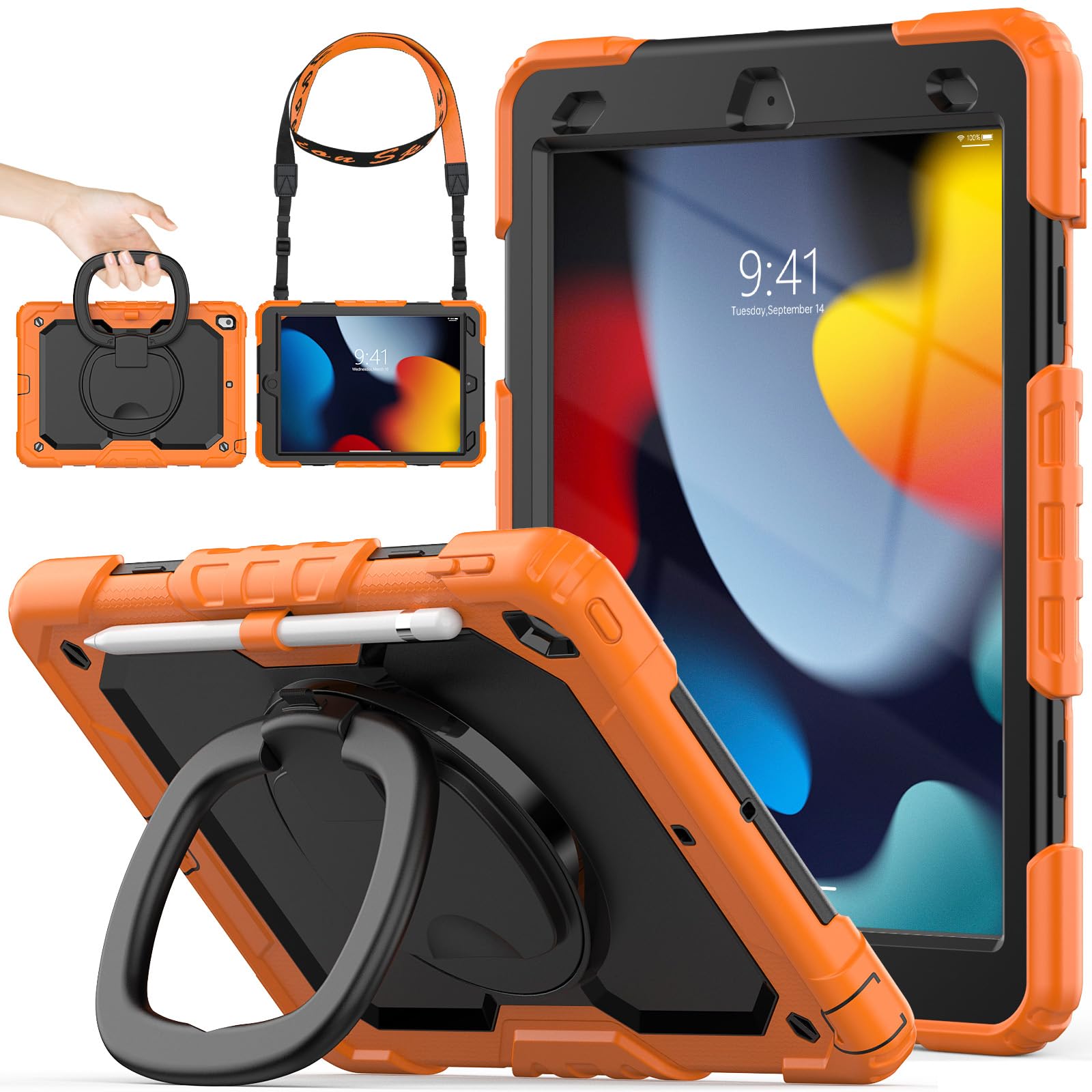 SEYMAC stock iPad入れもの 第9/8/7時人 輪っか手持ち部分耐衝撃入れもの 10.2in専用 書き込み納める ストラップ 写真フィルム付き添い人一こま（オレンジ色+黒いこと）