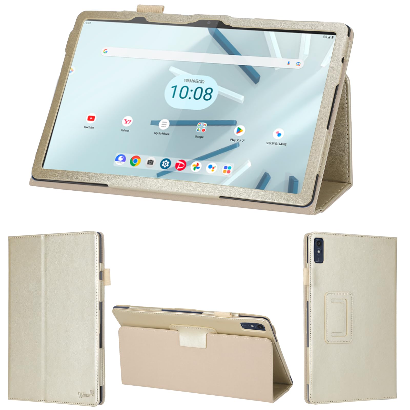 wisers au Lenovo Tab M10a 5G LET02 Lenovo TAB7 専用 タブレットケース (ゴールド) 10.6インチ 対応 (タッチペン/保護フィルム 付き/スタンドタイプ) タブレットカバー 2023 新型