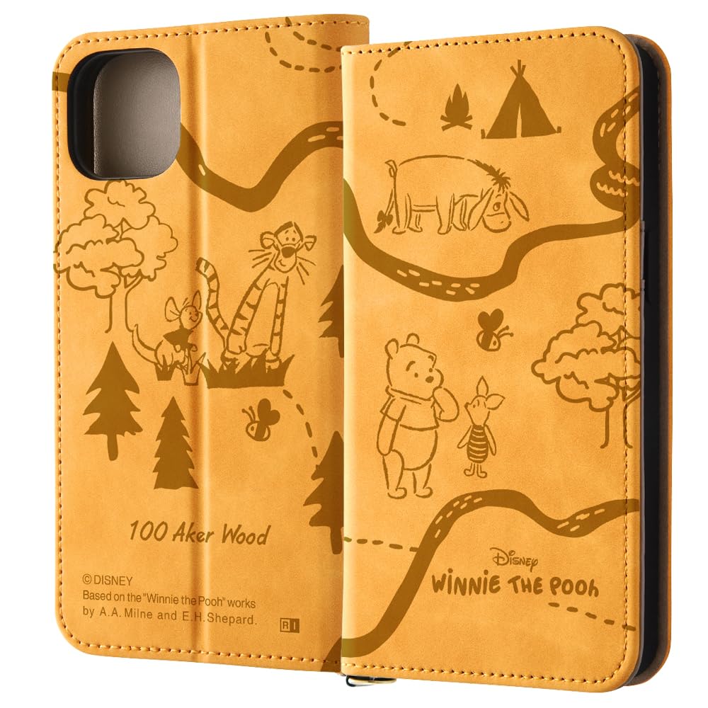イングレム iPhone 15 Plus ケース ディズニー 手帳型 レザーケース Raffine くまのプーさん_モノトーン