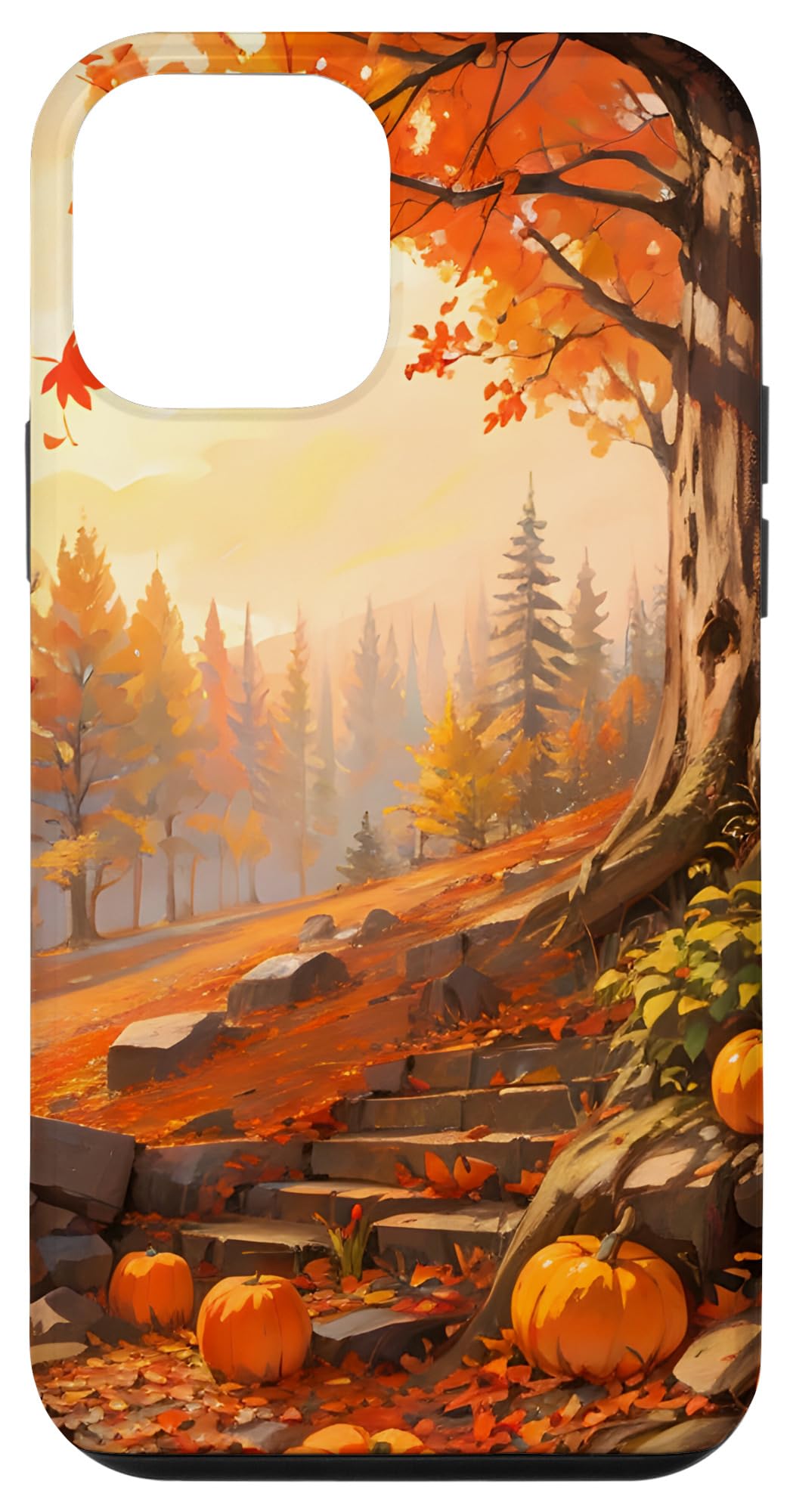 iPhone 12 mini のどかな秋の森の風景、紅葉、カボチャ スマホケース