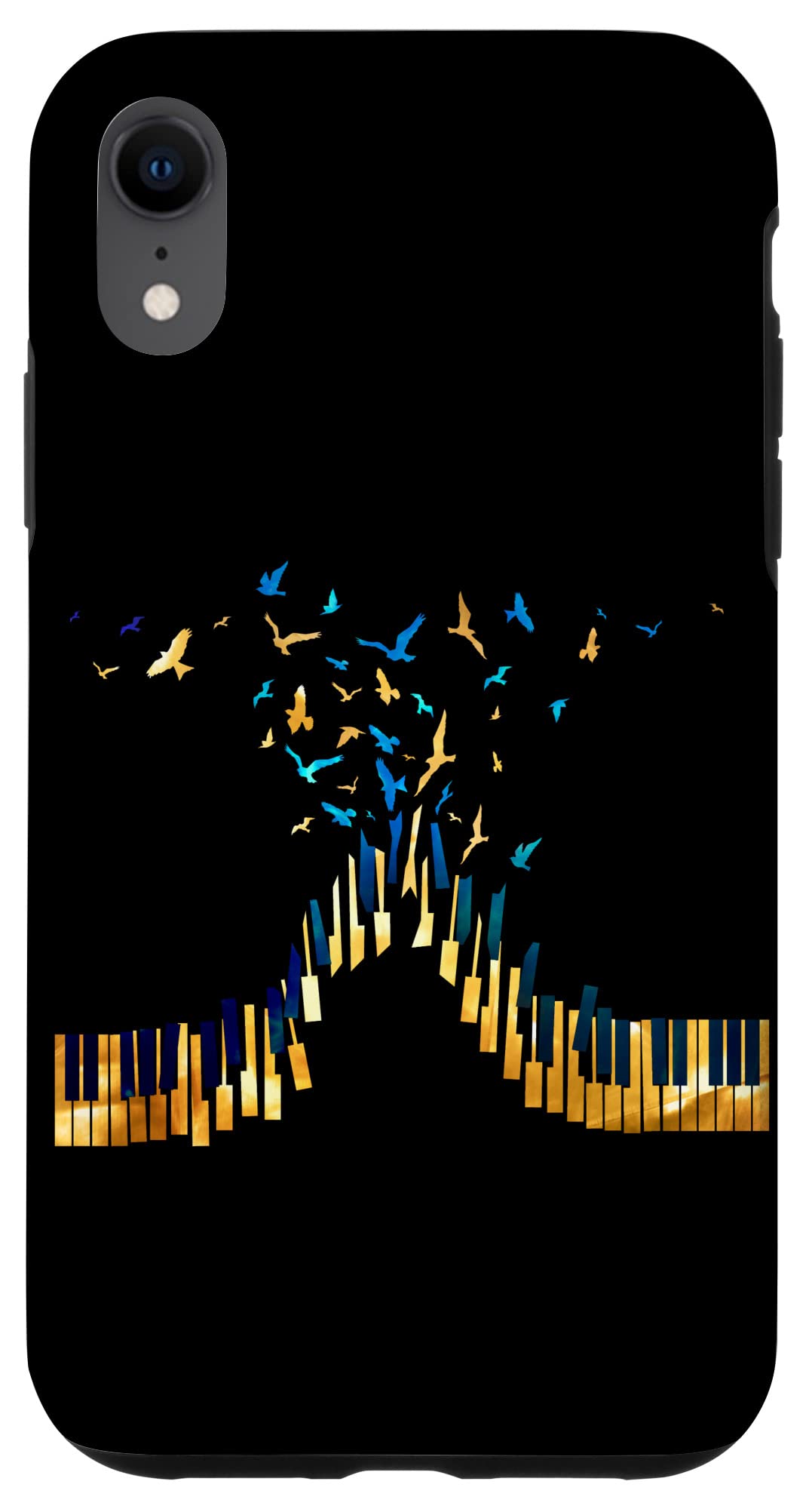 iPhone XR キーボード ピアノ グラフィック 鍵 空に鳥を回す スマホケース