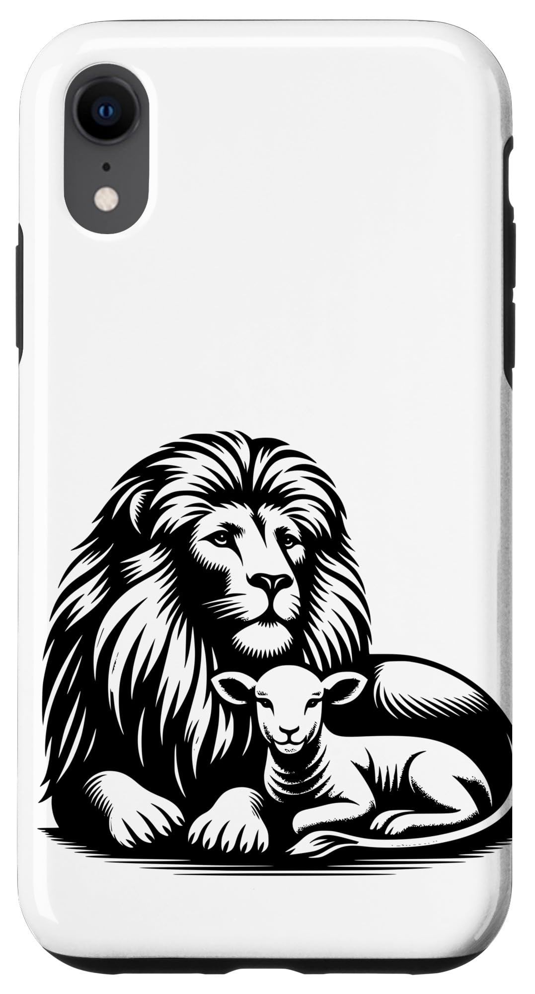 iPhone XR 百獣の王と子ヒツジのブラックデザインクリスチャンメンズレディース スマホケース