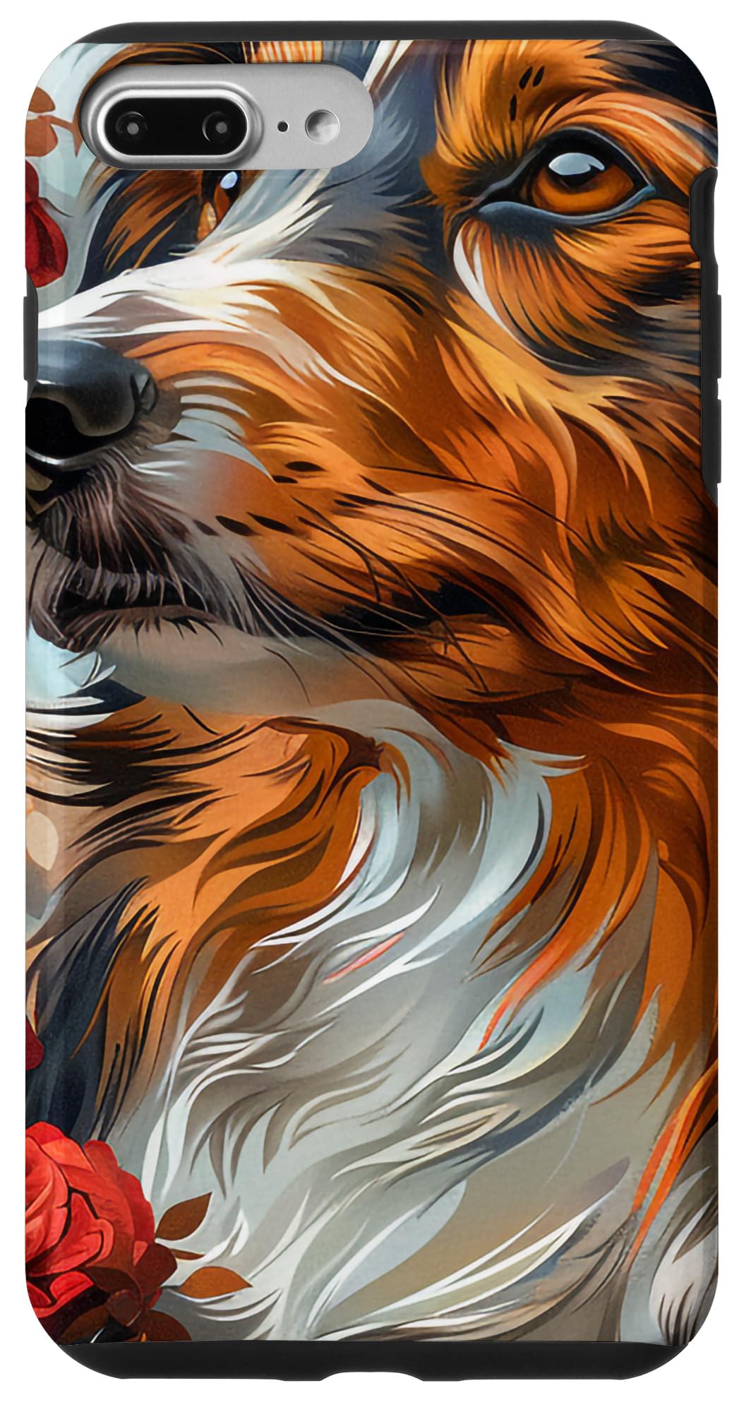 iPhone 7 Plus/8 Plus シェットランド・シープドッグ 犬好き 赤いバラの花 ゴッホスタイル スマホケース