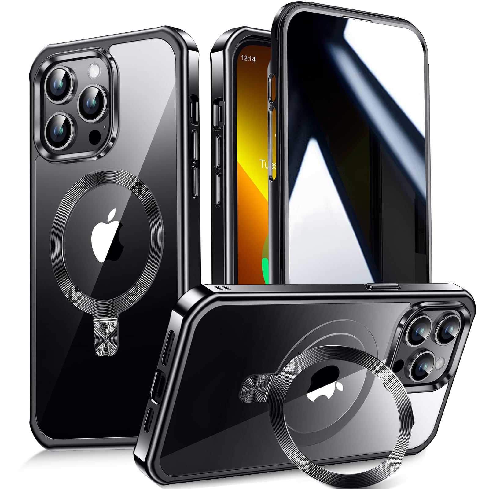 【多機能隠しスタンド・Magsafe対応・覗き見防止】WTAIYUN iPhone 13 Pro Max 用 ケース 全面保護 CDリング 縦横両対応 ワイヤレス充電対応 米軍MIL規格 耐衝撃 高感度タッチ 両面 いphone13プロマック