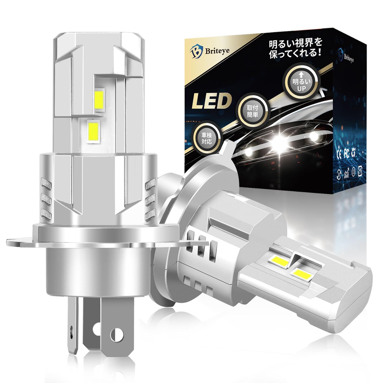 【爆光・サイズ進化モデル】Briteye 車用 LED ヘッドライト H4 Hi/Lo切替 新基準車検対応 h4ledバルブ 6500K ホワイト 32連LED素子搭載 高輝度LEDライト ファンレス サイズ最適化 互換性が高 ノイズ対