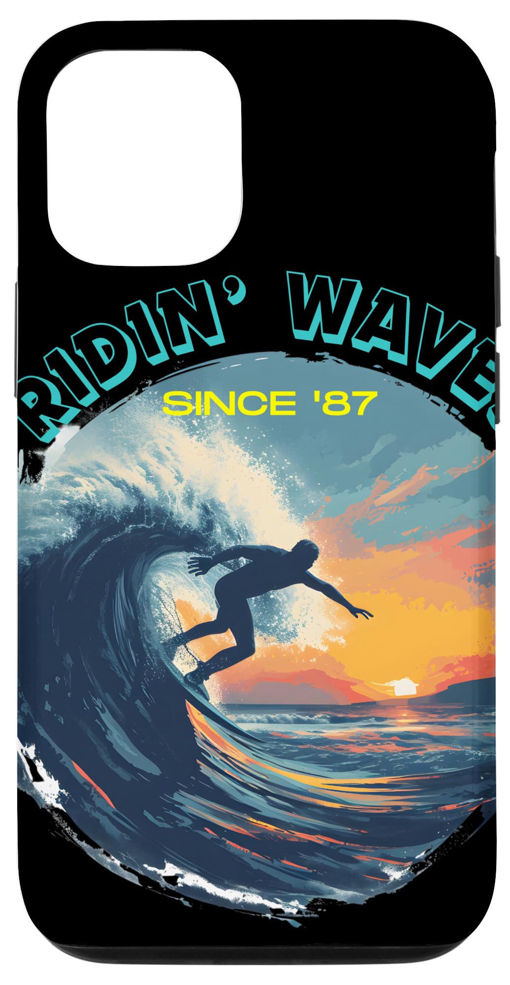 iPhone 14 Ridin' Wavesは1987年以来 Coastal Rhythms サーフボード&ウェーブアート スマホケース