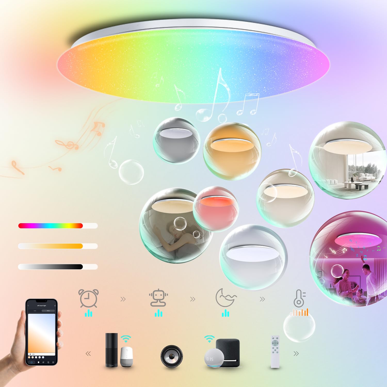 GHETTALINN LED 音楽シーリングライト 6畳 ほしぞらエフェクト WiFi接続 alexa/google home対応 内蔵のBluetoothスピーカー RGBライト 明るい スマートホーム天井照明 調光調色 高?度 リモコン付き 雰囲|WES STORE