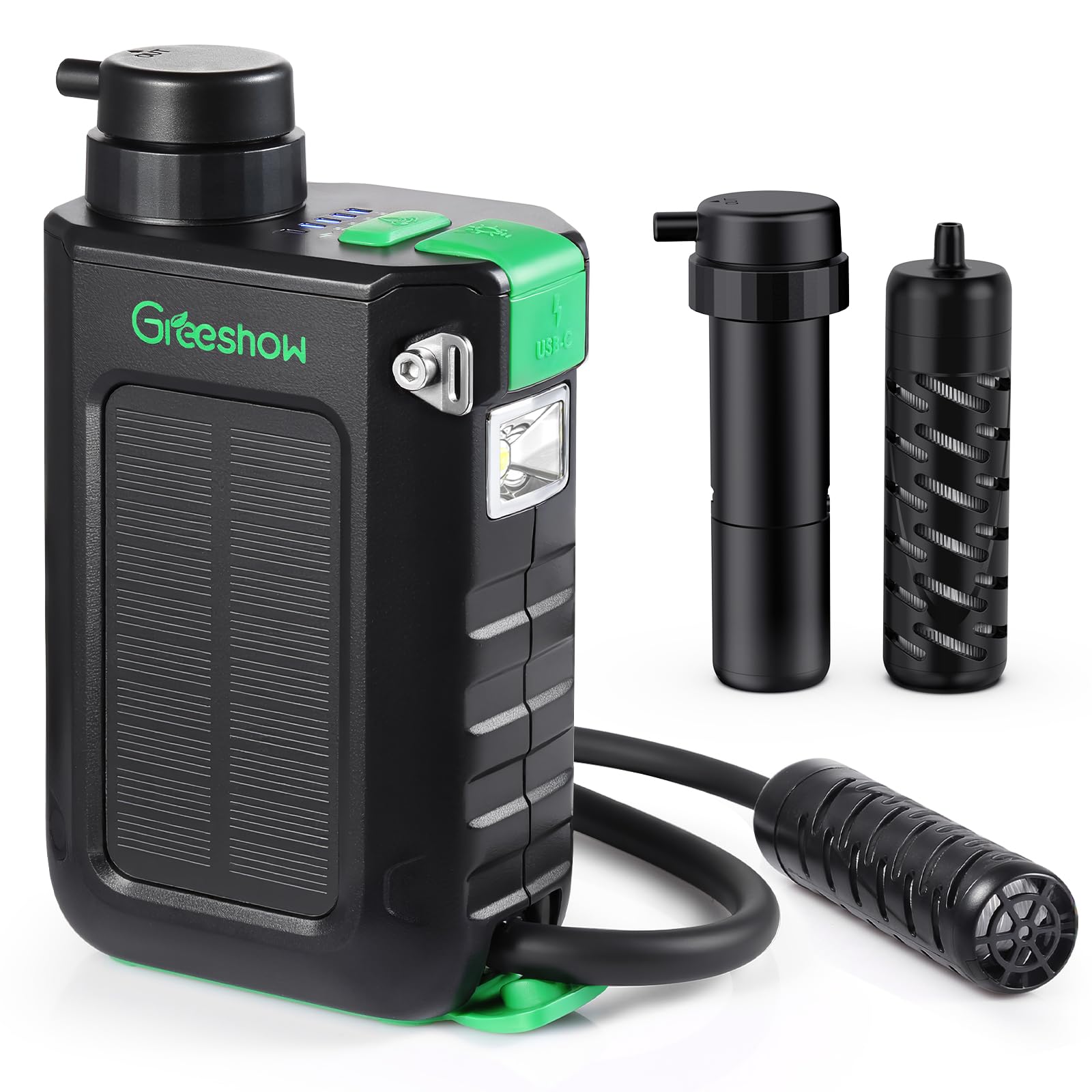 Greeshow GS-2811 電動浄水器 アウトドア 浄水器 【日本正規品】手回し充電 ソーラー充電機能 災害 濾過器 飲み水 防災用 LEDライト SOSモード スマホ充電機能 登山/地震/災害用 軽量 PSE技術適合 GS