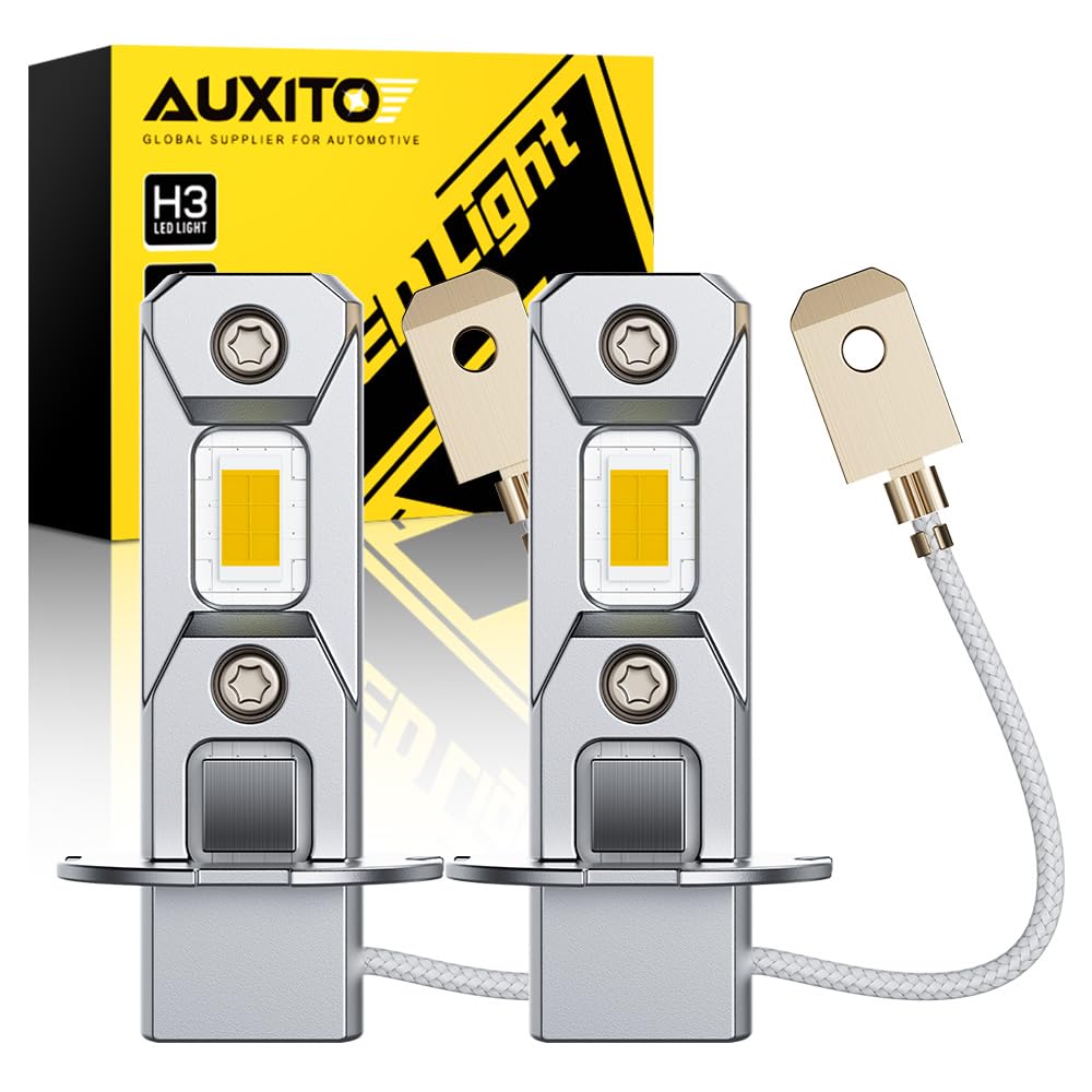AUXITO h3 led フォグランプ イエロー h3 led 純正ハロゲンサイズ h3 ショート ledバルブ 3000k 小型 角度調整可能 高輝度 ファンレス ノイズ対策 一体型 無極性 2本セット