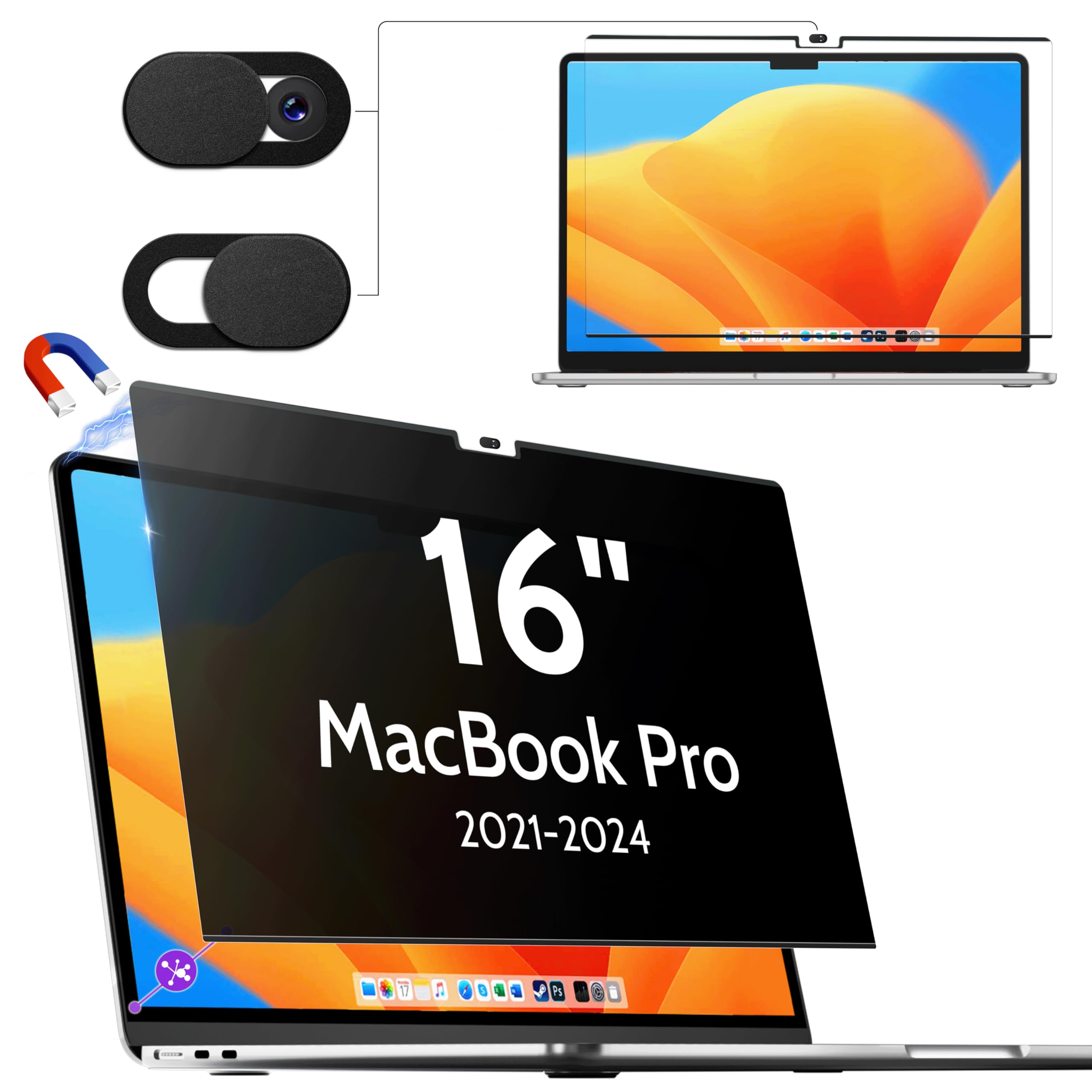 Makinda Macbook Pro 16 (2021-2024、M1、M2、M3、M4)磁石式 覗き見押しとどめる 保護すること写真フィルム、非公開水漉し のぞき見押しとどめる、ブルーライトカット 無条件反射押しとどめる 取りはずし能力のある、Mac 16.2in マック