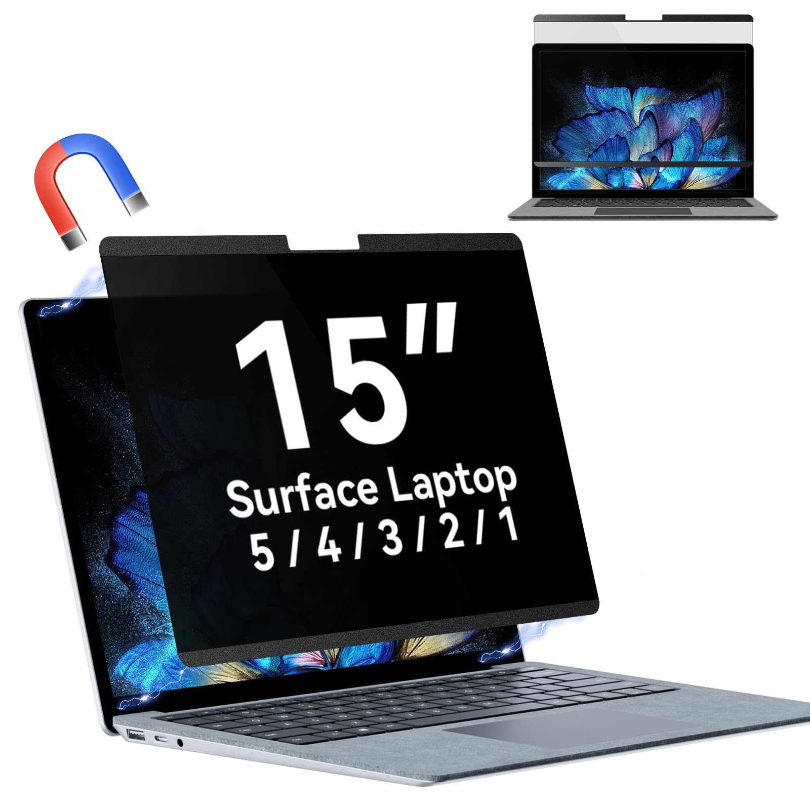 Surface Laptop 6/5/4/3/2/1-15インチ 用マグネット覗き見防止フィルム、取り外し可能なブルーライトカットアンチグレアスクリーンフィルター ノサクション式 保護フィルム タッチパネル対応 の｜WES STORE