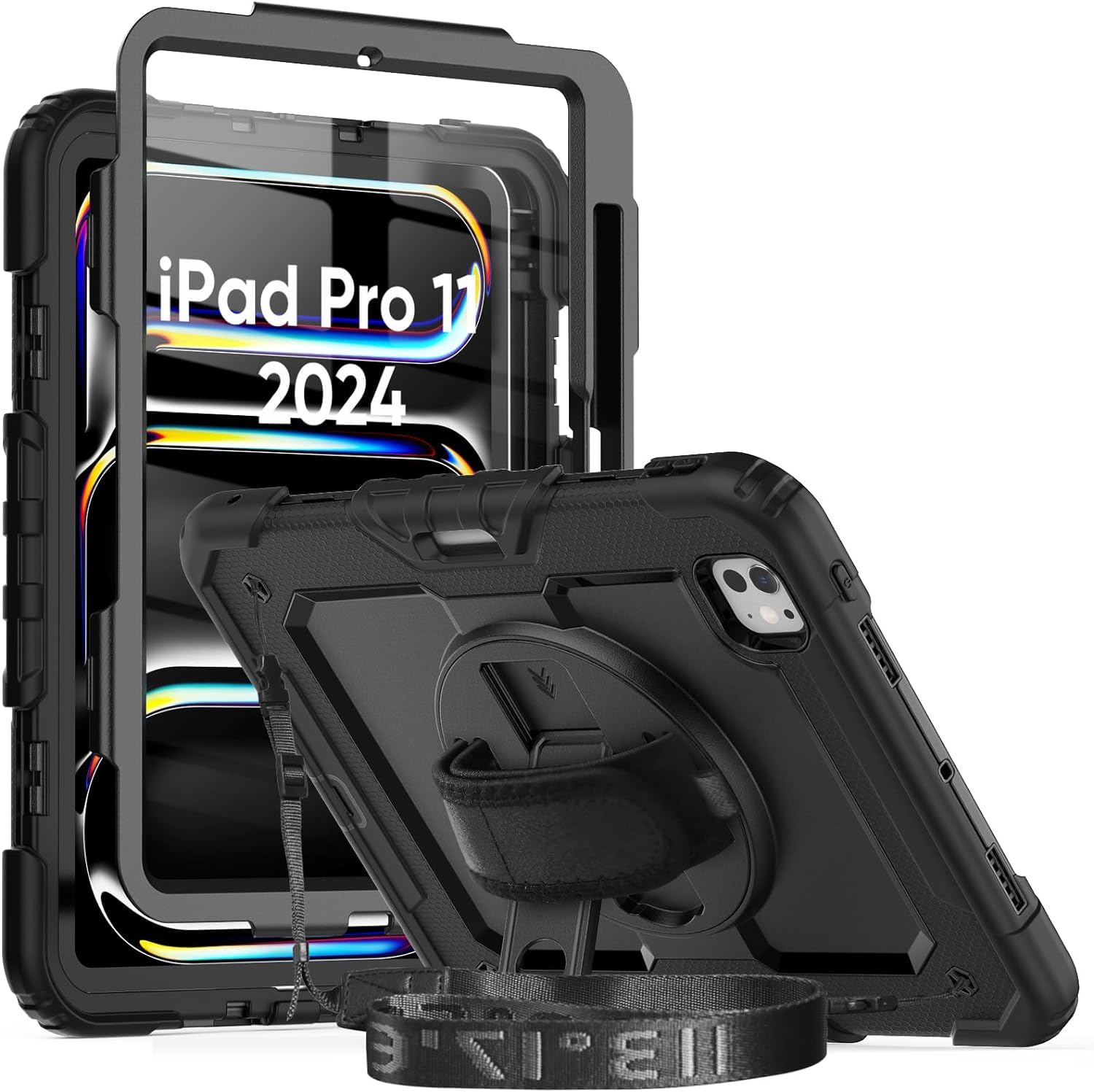 Herize iPad Pro 11 ケース 2024 M4 フィルム付き保護シール内蔵 360度回転の折り畳スタンド 肩紐 ハンドストラップ付き ペン収納 頑丈 丈夫 ゴツイ 耐衝撃多機能 アイパッド プロ インチ 11（5世代)