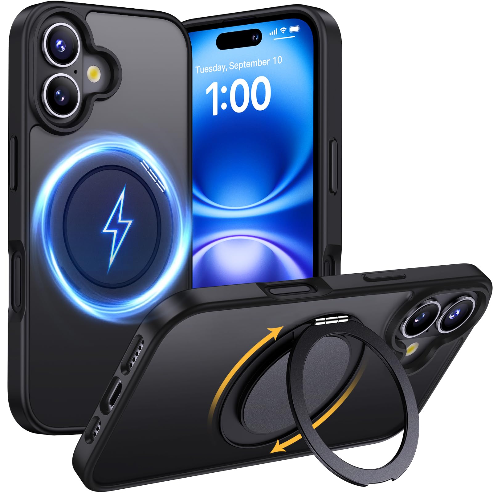 Aunote iPhone 16 ケース MagSafe対応 耐衝撃 360°回転スタンド 縦横両対応 マグネット搭載 黄変防止 マット感 あいふおん16ケース 6.1インチ 半透明・ブラック
