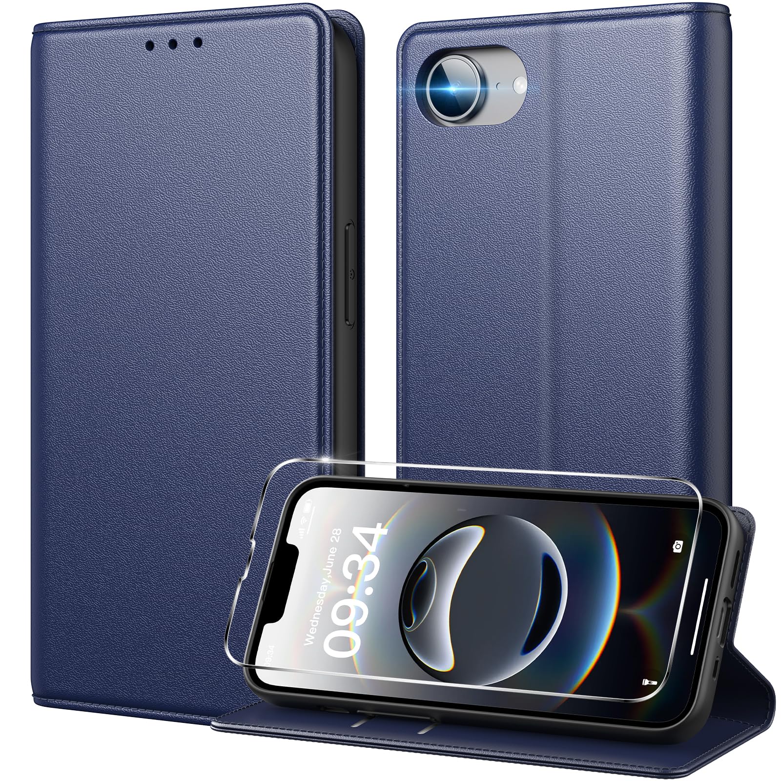 Peakally iPhone 16e ケース 手帳型 iPhone 16e用 スマホケースガラスフィルム1枚とストラップ1本付き 高級PUレザーケース [RFIDブロッキング] マグネット スタンド機能 360度保護 耐衝撃保護 カード収