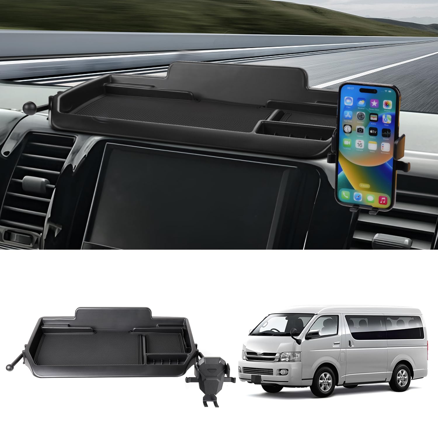 Auto Spec トヨタ ハイエース 200系 標準ボディ に適合 ダッシュボードトレイ HIACE 2004年-現行 車内収納ボックス 3Dトレイ 携帯ホルダー スマホホルダー付き 360度回転 小物入れ 車種専用設計 内
