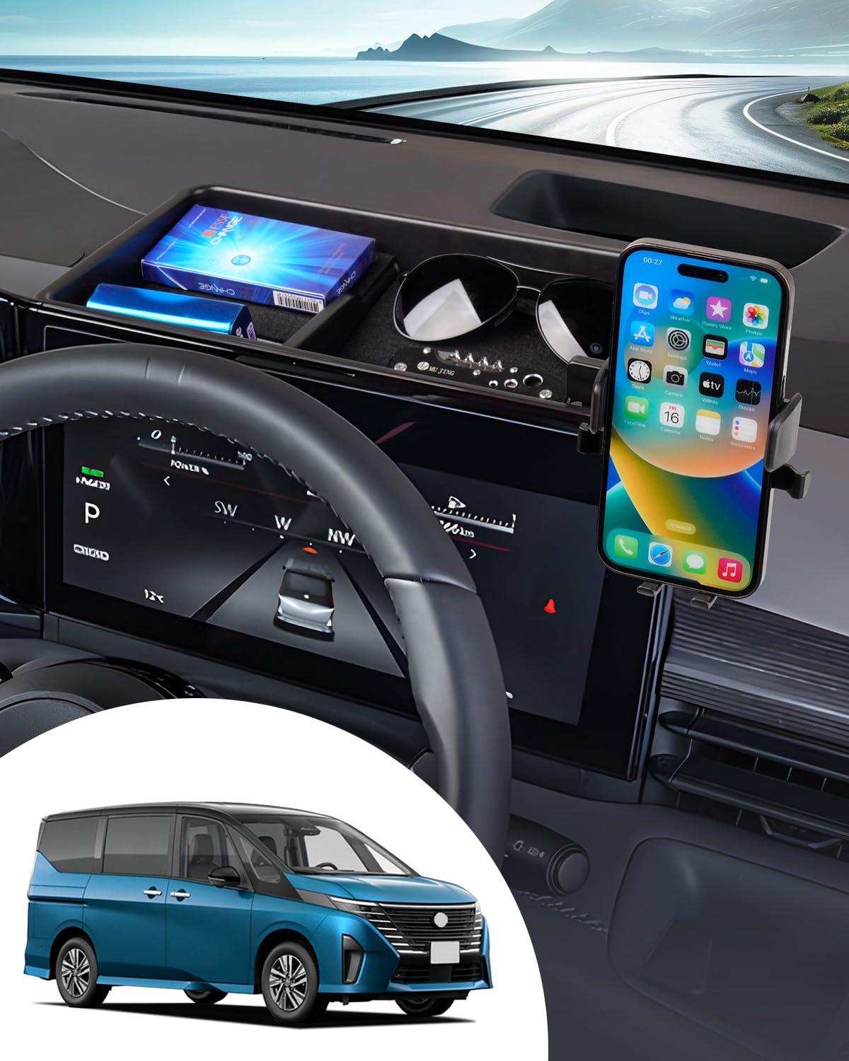 MWWM ニッサン セレナ C28に適合 スマホスタンド 日産 6代目 2022年～現行 車載 携帯ホルダー ナビ設置 スマホホルダー 収納 車 アクセサリー 携帯スタンド 360度回転 片手操作 ワンタッチ開閉