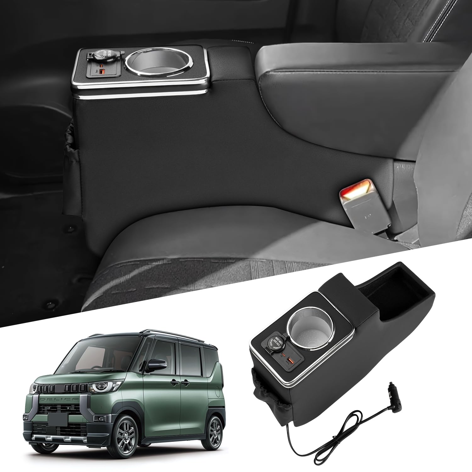 Auto Spec 三菱 デリカミニ B3系 に適合 シードサイド コンソールボックス センターコンソール 車内収納ボックス 多機能 車種専用設計 小物入れ 内装パーツ ドリンクホルダー 急速充電USBポー|WES STORE