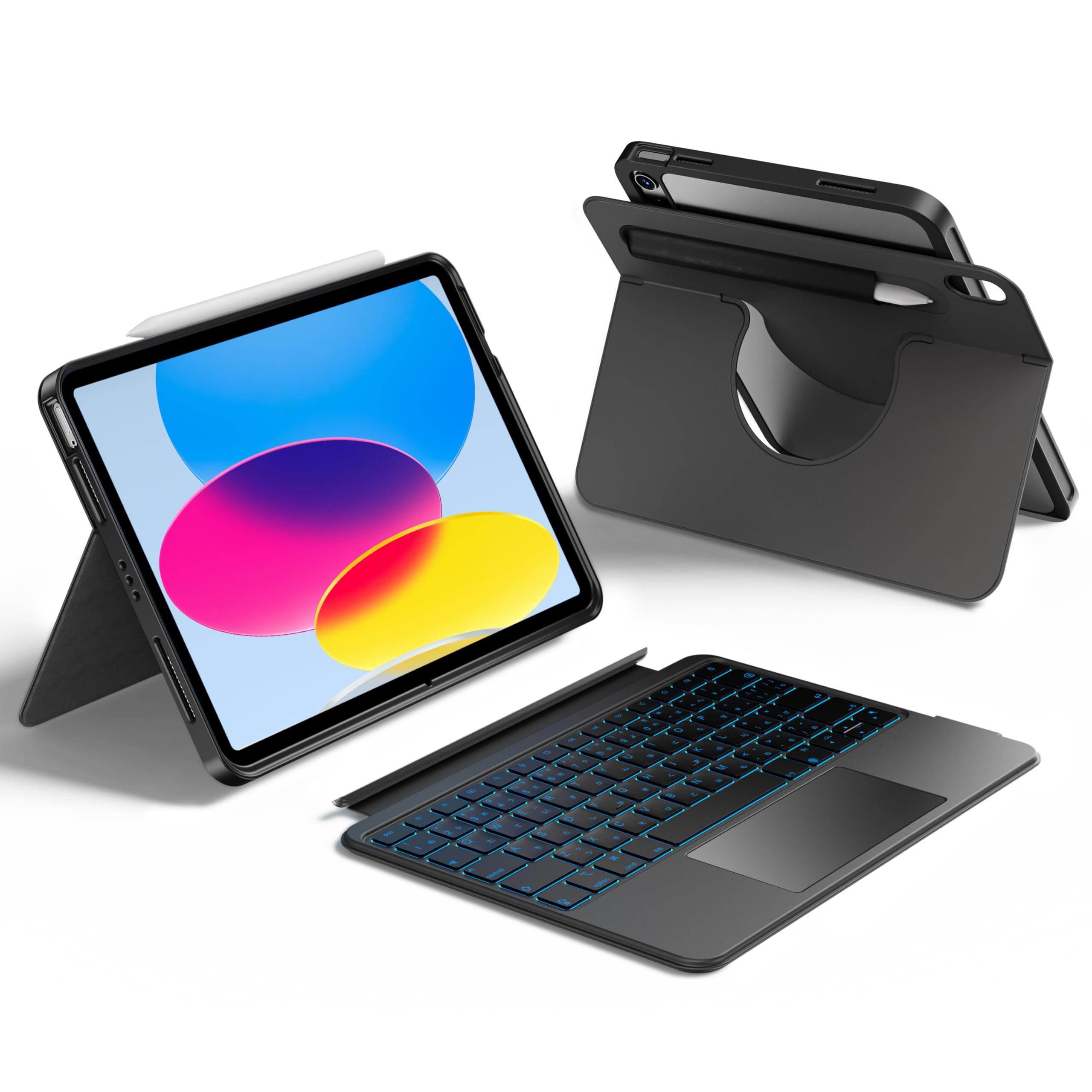 HOU対応 iPad 11インチA16 2025/10世代 ケース キーボード、iPad第11/10世代用回転式＆着脱式キーボードケース、伸縮性ペンホルダー、完全保護カバー、7色バックライト、マルチタッチトラックパ