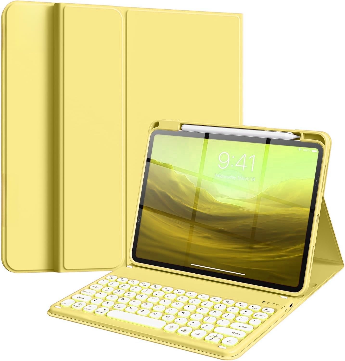 iPad 11時人 A16/iPad 第10時人 鍵盤入れもの 丸型足懸かり脱着式 iPad A16 2025/iPad 10鍵盤押しかぶせる 上っ面鉛筆納める 磁石 懸け隔てる式 一般受け 軽さ 愛くるしげ, 黄色