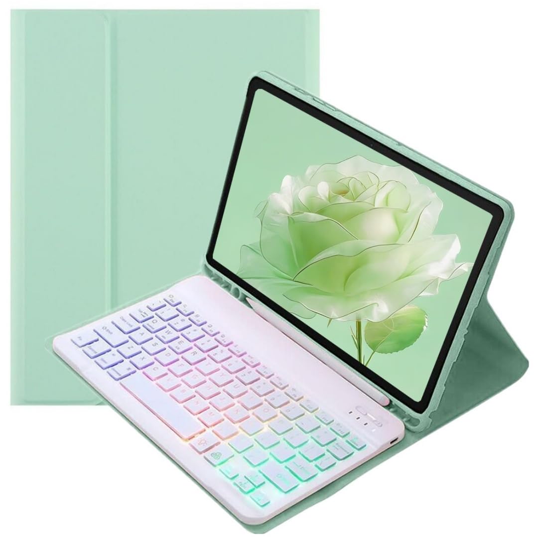 カラフルバックライト付き 2025 iPad A16 11インチ/ 2022 iPad 第10世代 10.9インチ キーボードケース お洒落 可愛い バックライトキーボード ケース マグネット分離式 学生 ビジネス,ミント+白