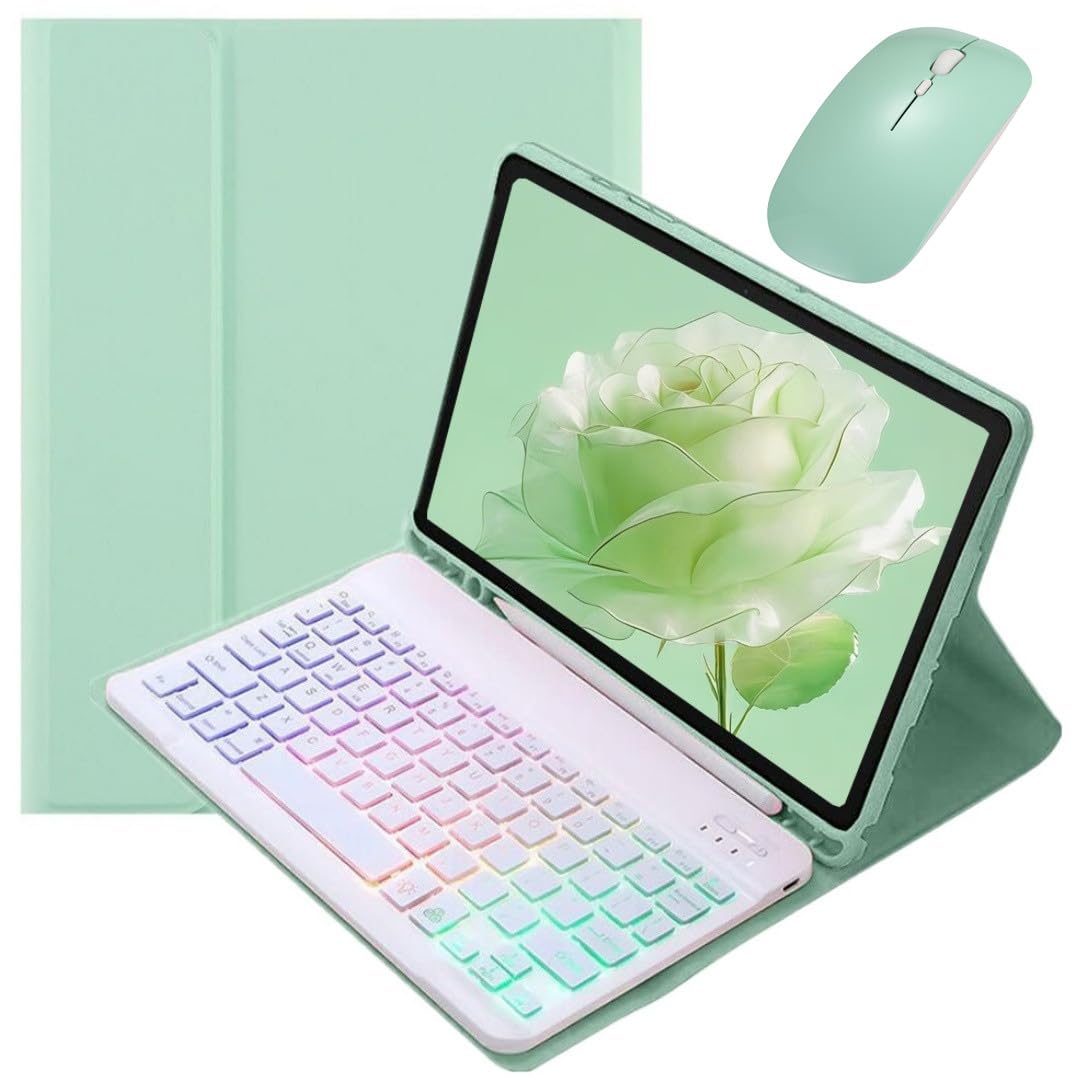 カラフルバックライト iPad Pro 11インチ 第4/3/2/1世代 キーボードケース マウス付き おしゃれ かわいい バックライトキーボード ケース マグネット分離式 女性 学生 ビジネス,ミント+白｜WES STORE
