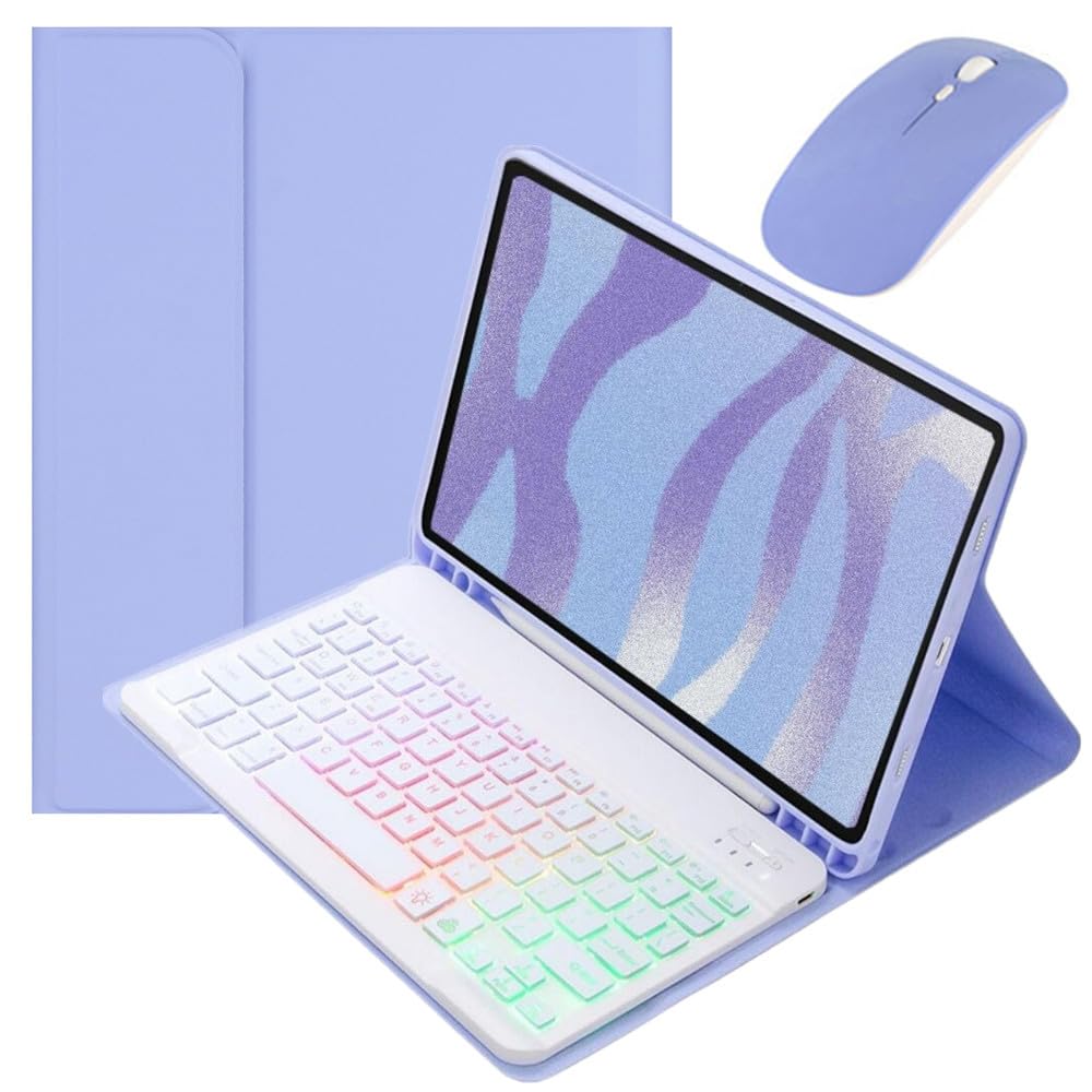 カラフルバックライトiPadAir11インチ (M3,M2, 2025/2024)/ iPad Air5 Air4 2022/2020 キーボードケース マウス付き お洒落 可愛い バックライトキーボード ケース マグネット分離式 女性 学生 ビジネス,紫+