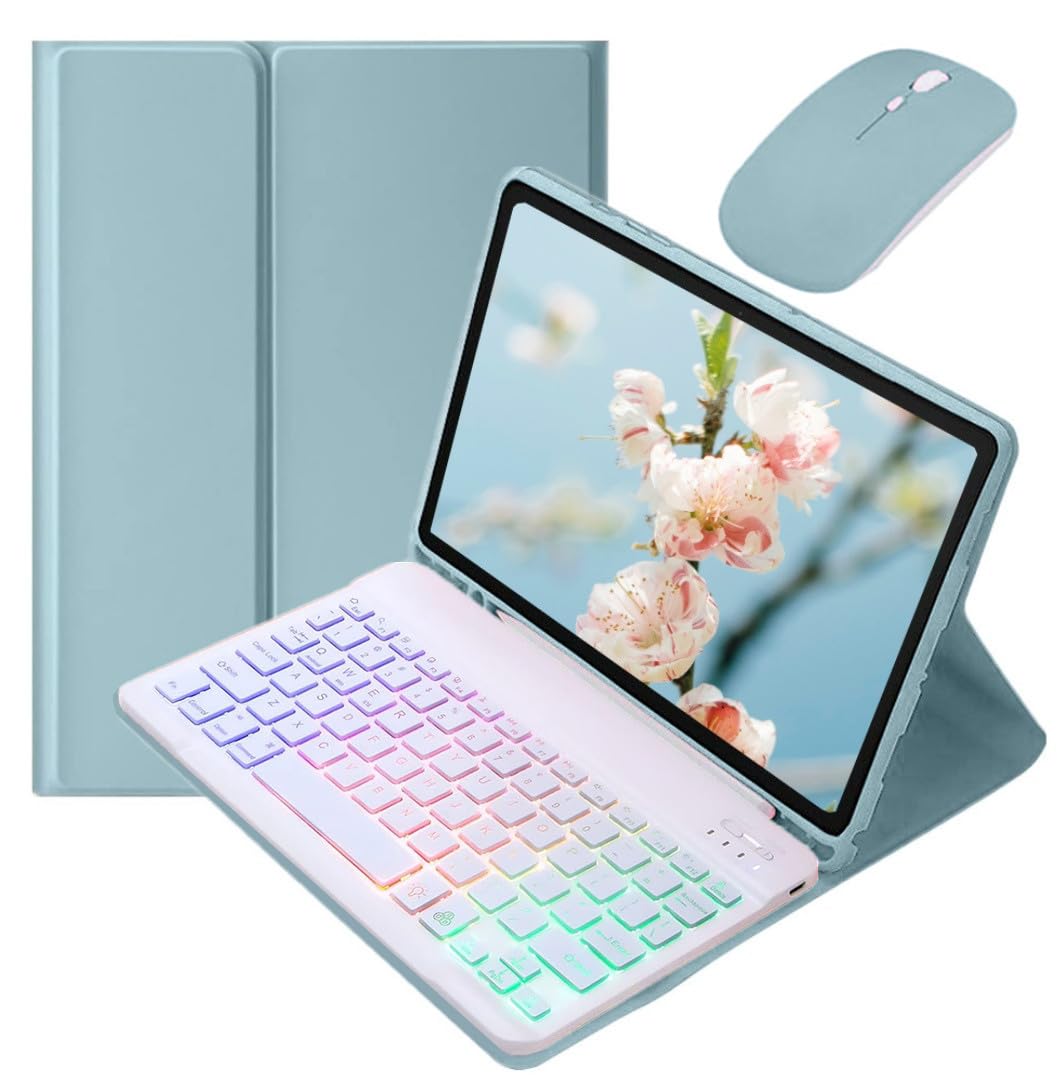 カラフルバックライト 2025 iPad A16 / 2022 iPad 10 10.9インチ キーボードケース マウス付き おしゃれ かわいい バックライトキーボード ケース マグネット分離式 女性 学生 ビジネス,霧ブルー+白｜WES STORE