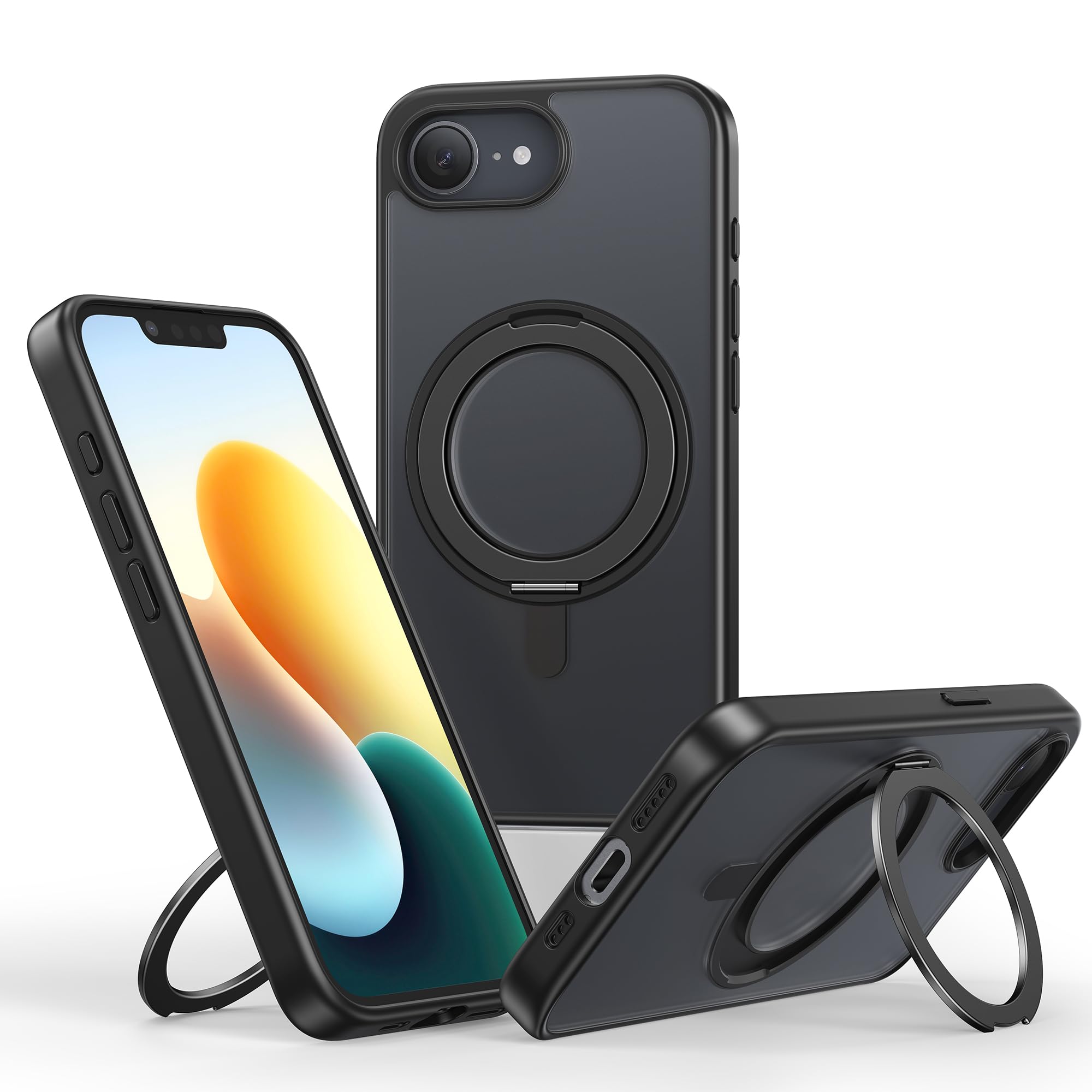 NIMASO iPhone 16e 用 ケース 縦横両対応 360°回転スタンドケース MagSafeアクセサリー対応 携帯スマホケース リング マグネット搭載 いPhone 16e 対応 カバー ワイヤレス充電対応 se4 マット感 防指紋