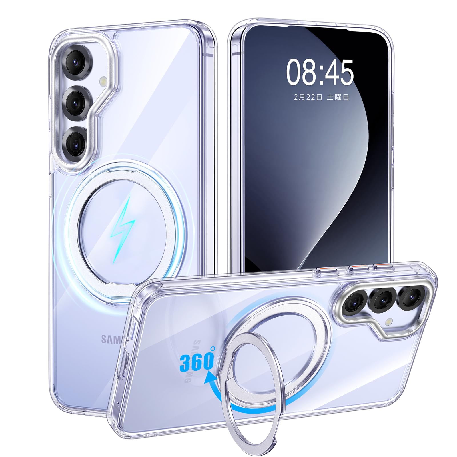 【米軍MIL規格・Magsafe対応】Galaxy S25 用 ケース MagSafe対応 リング 360°回転スタンド機能 縦横両対応 透明 黄ばみ防止 ワイヤレス充電 レンズ保護 耐衝撃 携帯カバー ギャラクシー S25 カバー マ