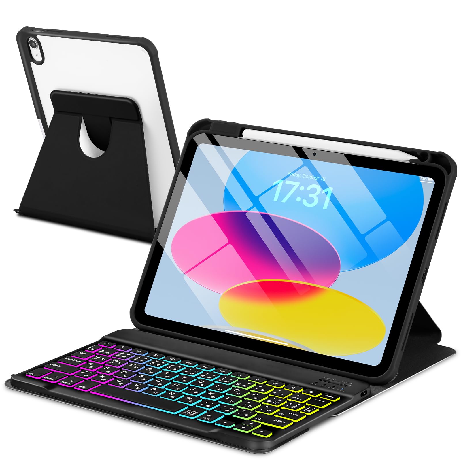 EAMPANG JIS日本語配列 iPad(A16)第11世代 11インチ2025/第10世代 10.9インチ2022/ キーボード付きケース, 7色レインボーバックライト Type-C充電 脱着式 スマート 多機能 ワイヤレス キーボード 360度回転|WES STORE