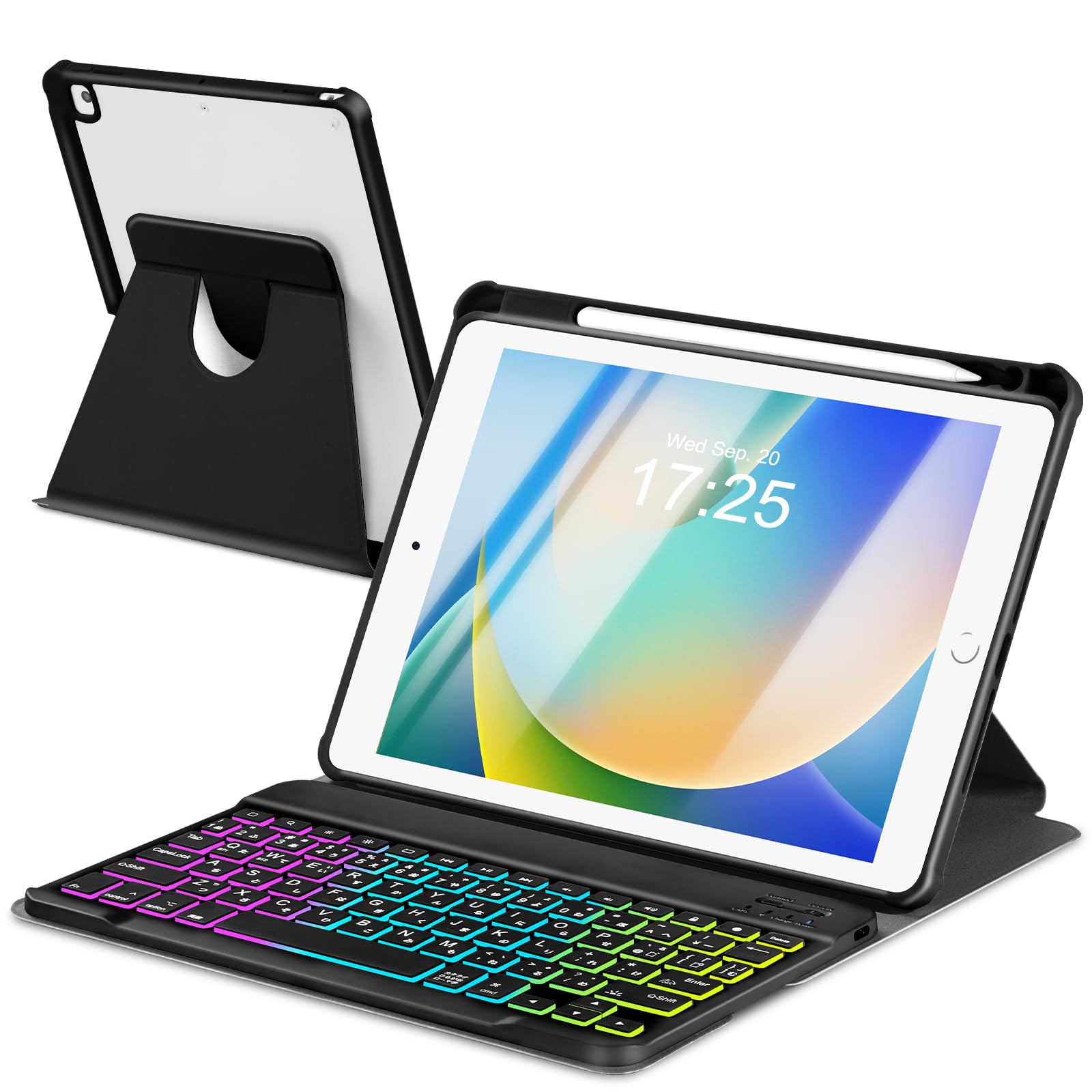 EAMPANG JIS日本語配列 iPad 第9世代/8世代/7世代 10.2インチ/Air 3/Pro 10.5 キーボード付きケース, 7色レインボーバックライト Type-C充電 脱着式 スマート 多機能 ワイヤレス キーボード 360度回転 横置｜WES STORE