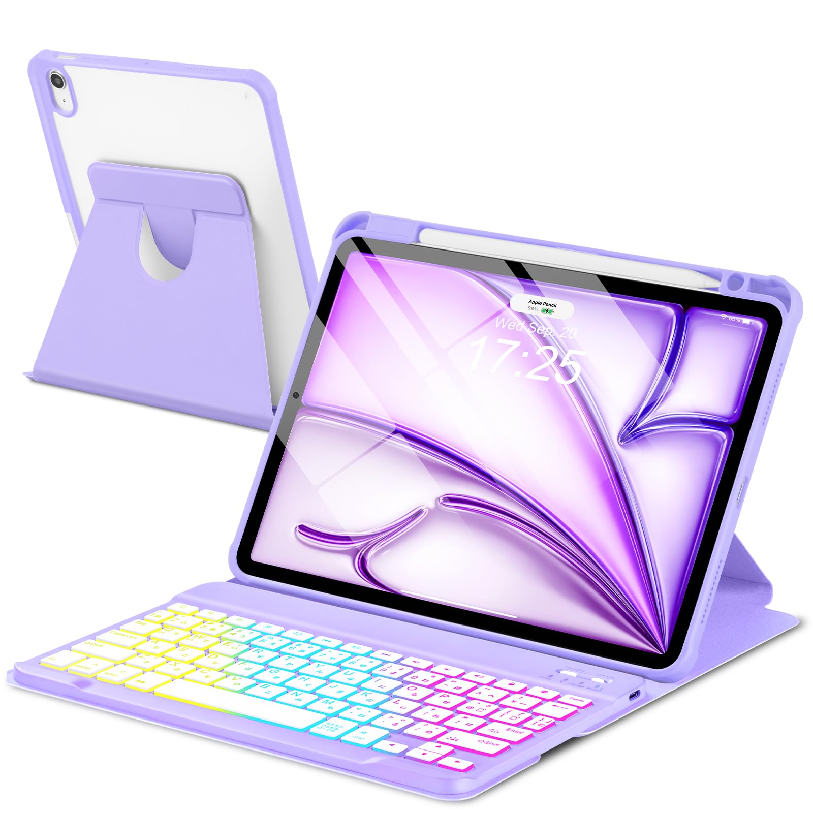 EAMPANG JIS日本語配列 iPad Air 11インチ M3 2025/M2 2024/Air 10.9インチ第6/5/4世代 キーボード付きケース, 7色レインボーバックライト Type-C充電 脱着式 スマート 多機能 ワイヤレス キーボード 360度回|WES STORE