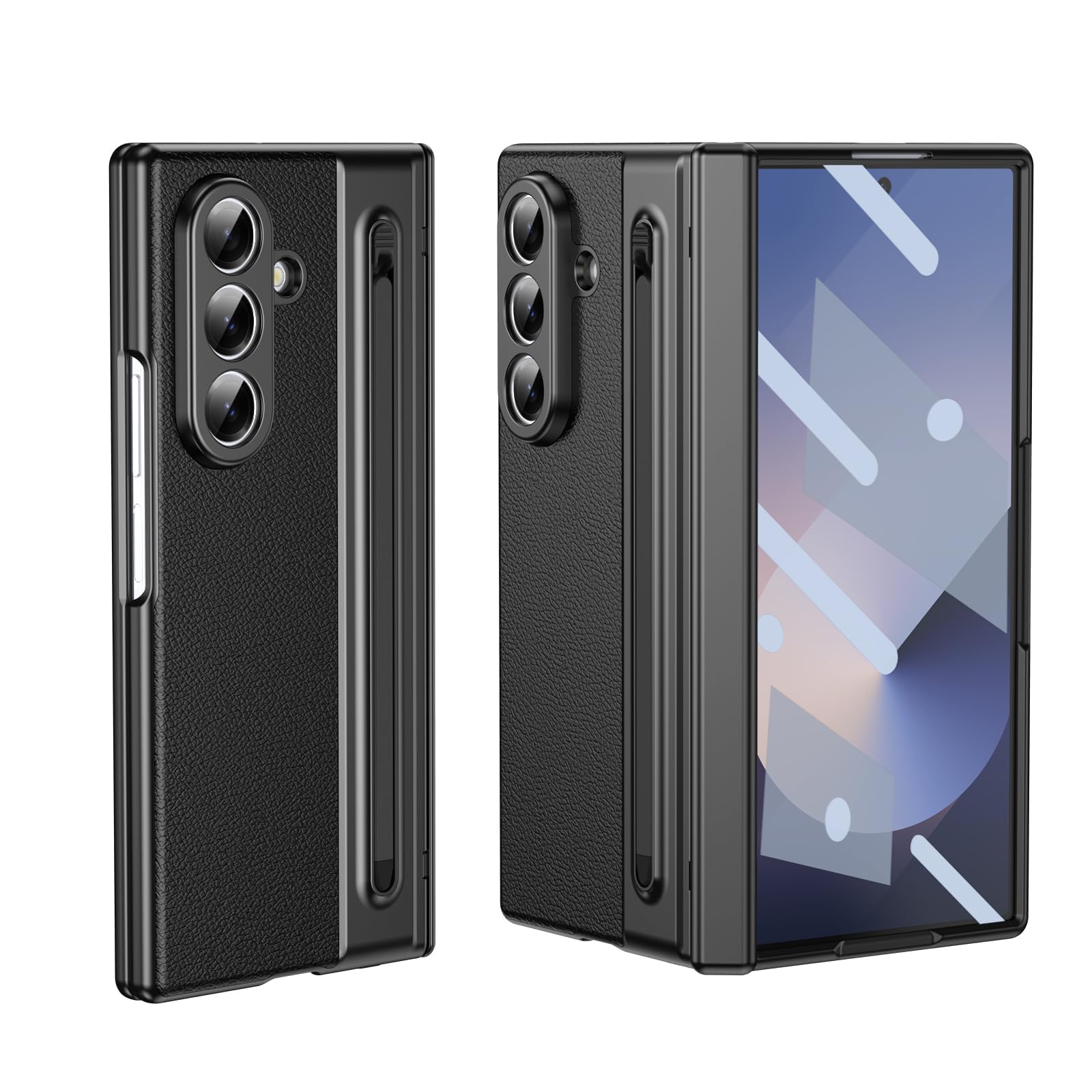 Galaxy Z Fold7 用 ヒンジ保護 ケース Samsung ギャラクシーZ Fold7 / SC-56F / SCG34 用 ペン付き レザーカバー 折りたたみ式 メッキ加工バンパー OURJOY スマホケース 一体型ガラスフィルム 硬度9H 落下防