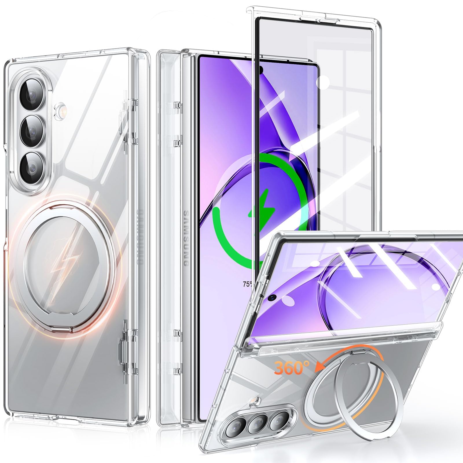 Fadkzyxr Galaxy Z Fold7 用 ケース クリア MagSafe対応 360°回転スタンド フィルム一体型 ヒンジ保護 スマホケース Samsung ギャラクシー Z fold7/SC-56F/SCG34 カバー リング付き 黄ばみ防止 マグセーフ ワイ